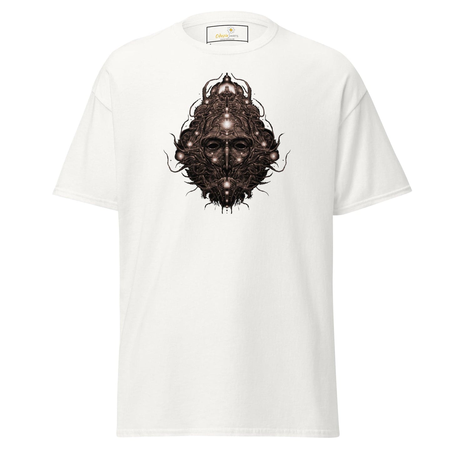 White T-shirt with face graphic, suitable for men and women, available in S to XL sizes