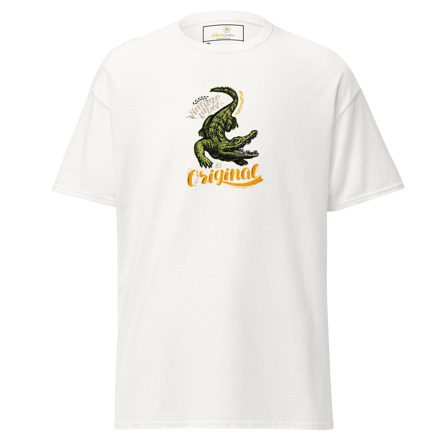 White t-shirt with crocodile graphic.