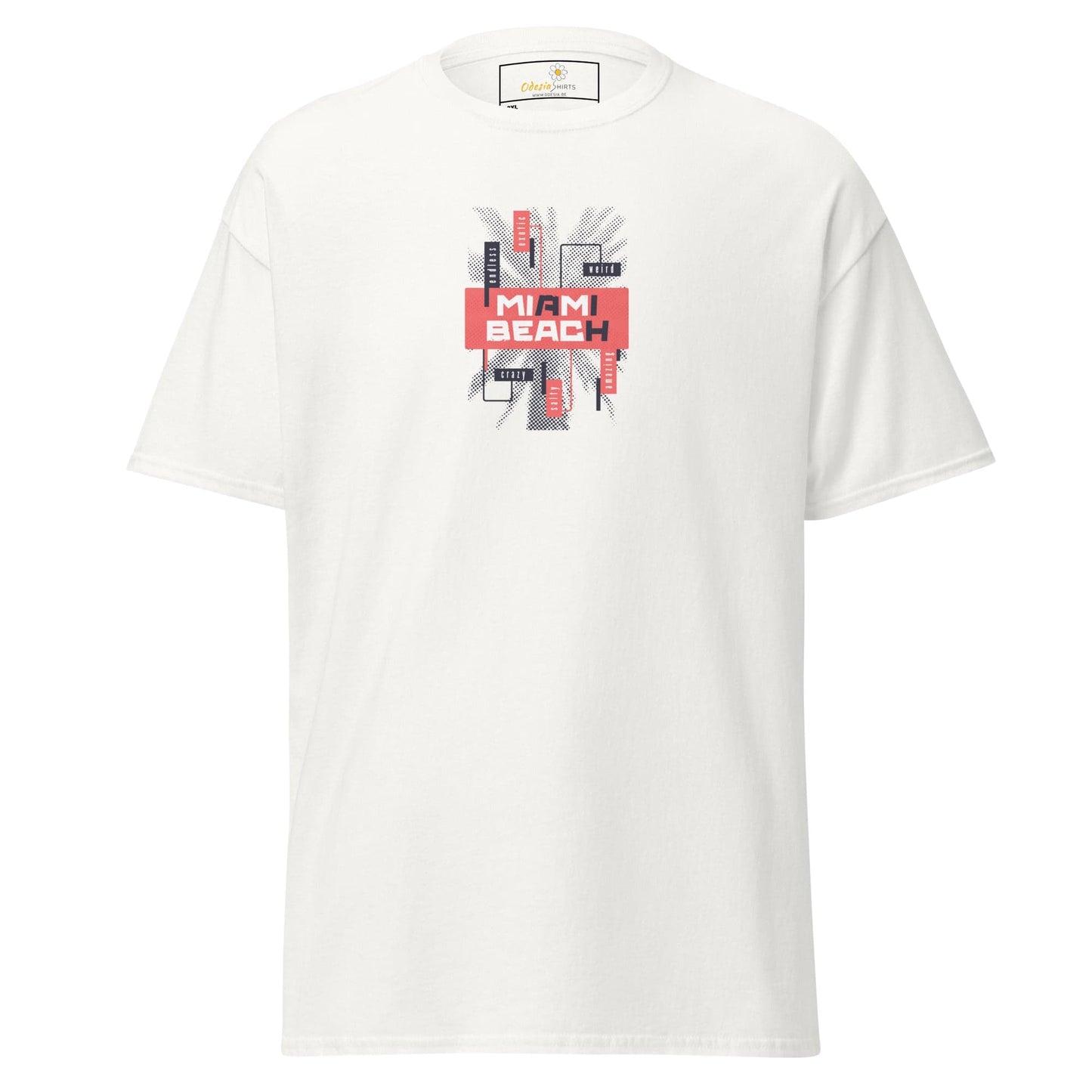 White T-shirt with Miami Beach graphic, suitable for men and women in 2XL to 5XL sizes