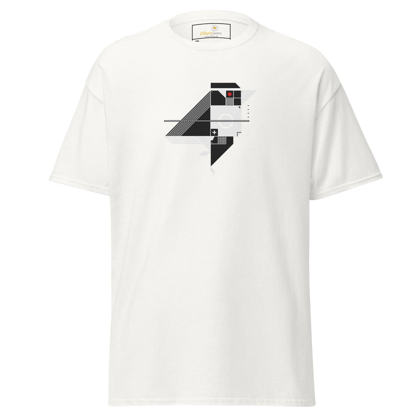 White t-shirt with geometric design.