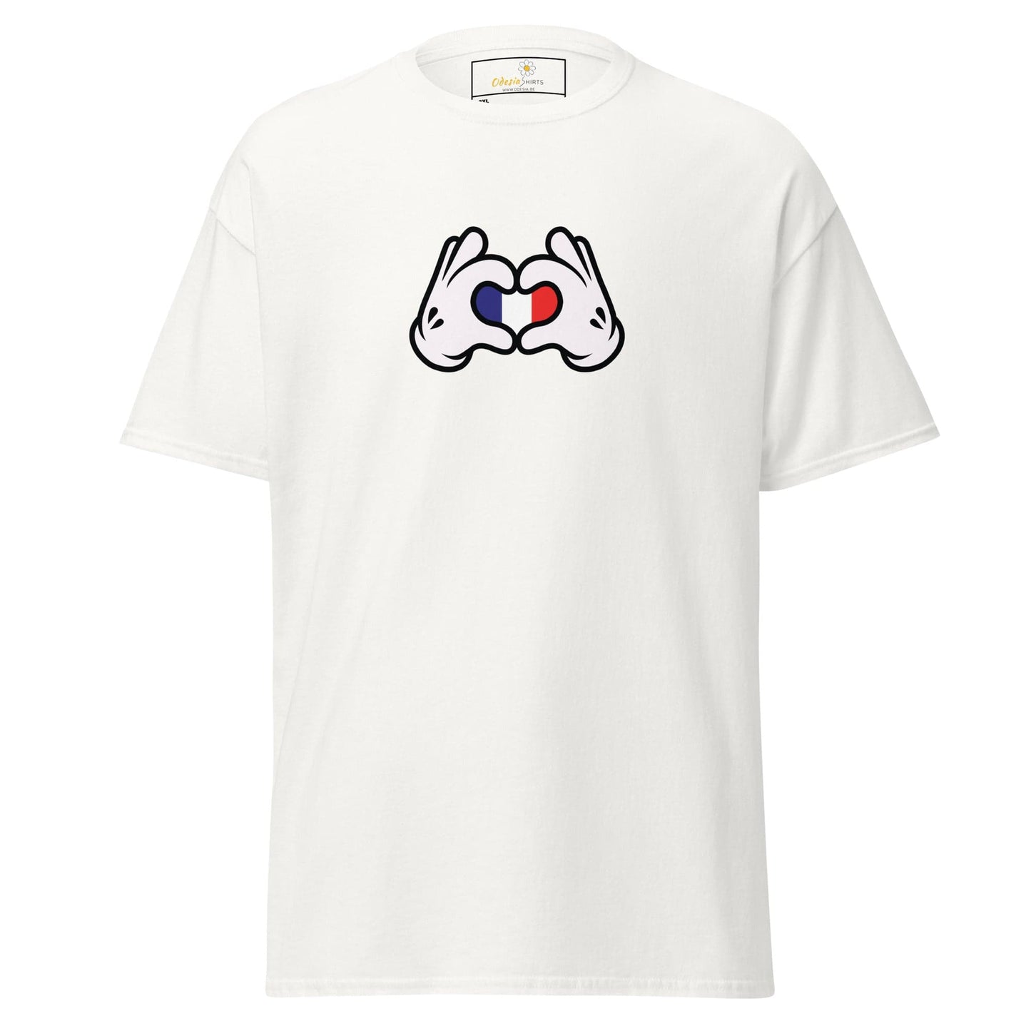 White t-shirt with heart-shaped hands.