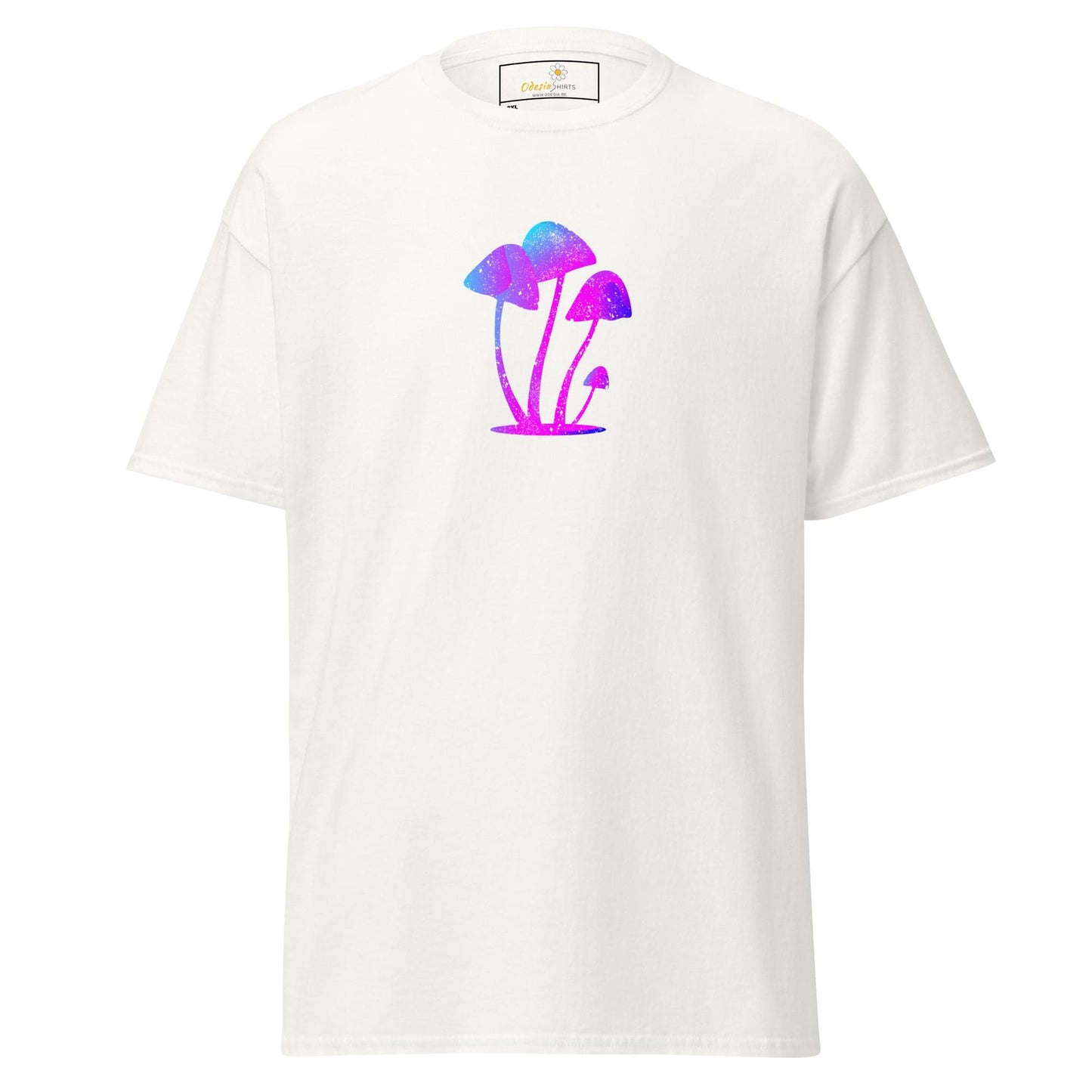 White t-shirt with colorful mushroom design.