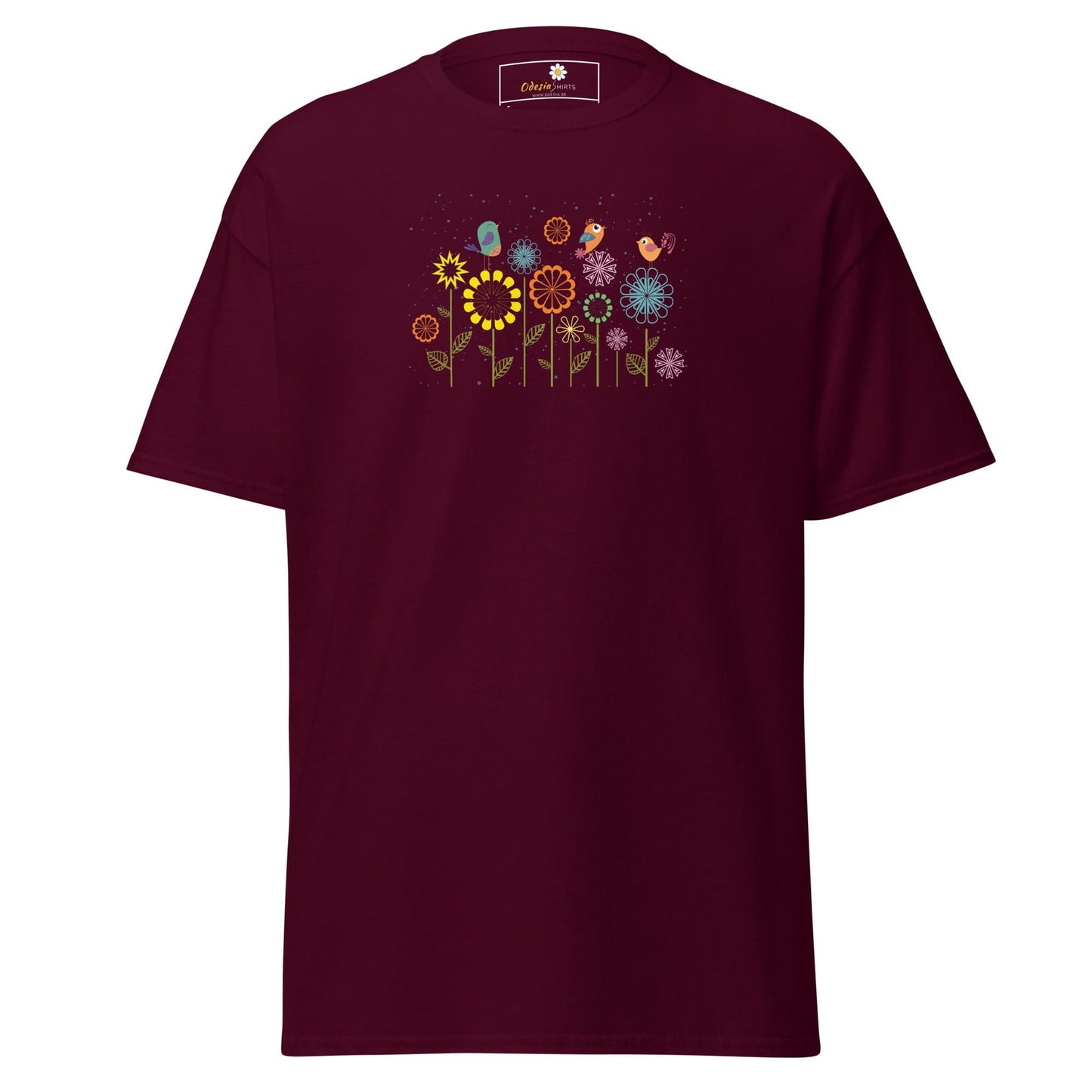 Unisex classic tee - ANIMALS BIRDS ON FLOWERS - REGULAR - Maroon / S