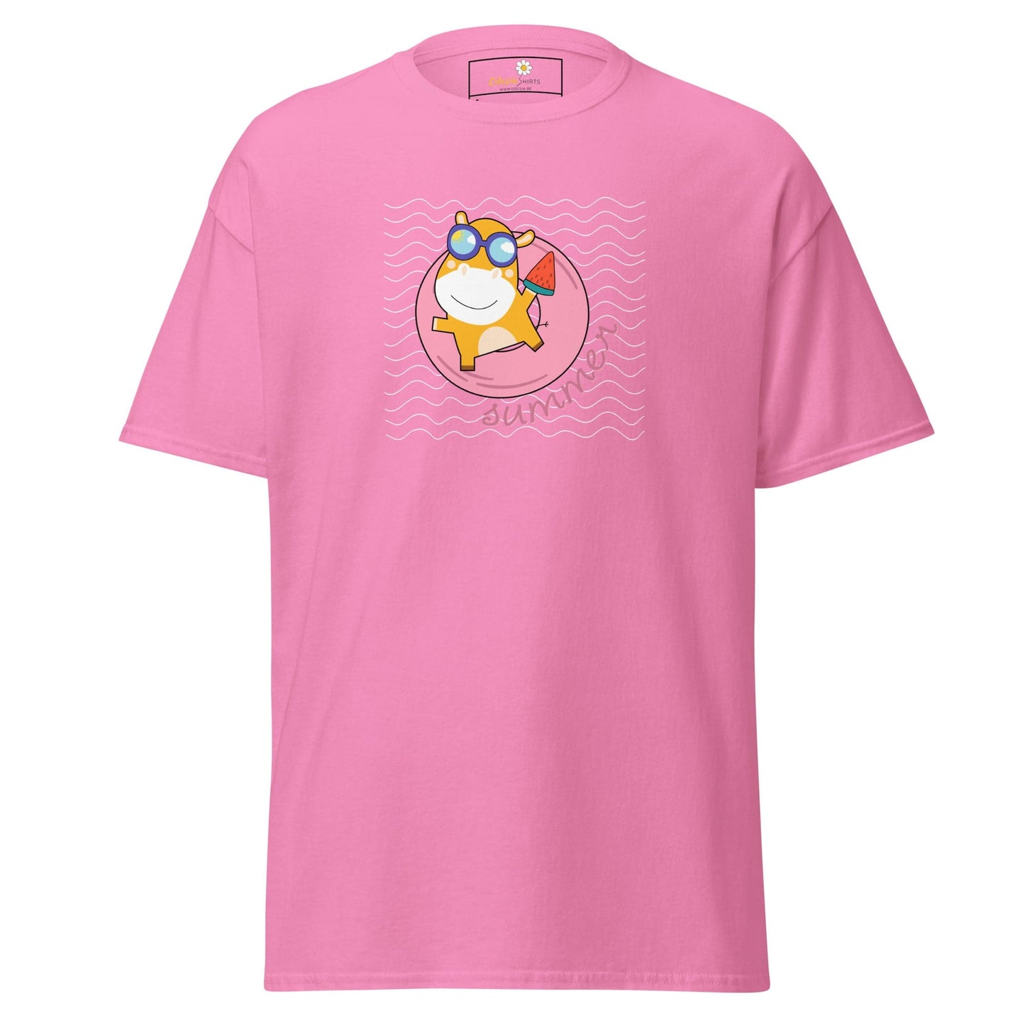 Pink T-shirt featuring a cartoon hippo design for Men and Women sizes S to XL