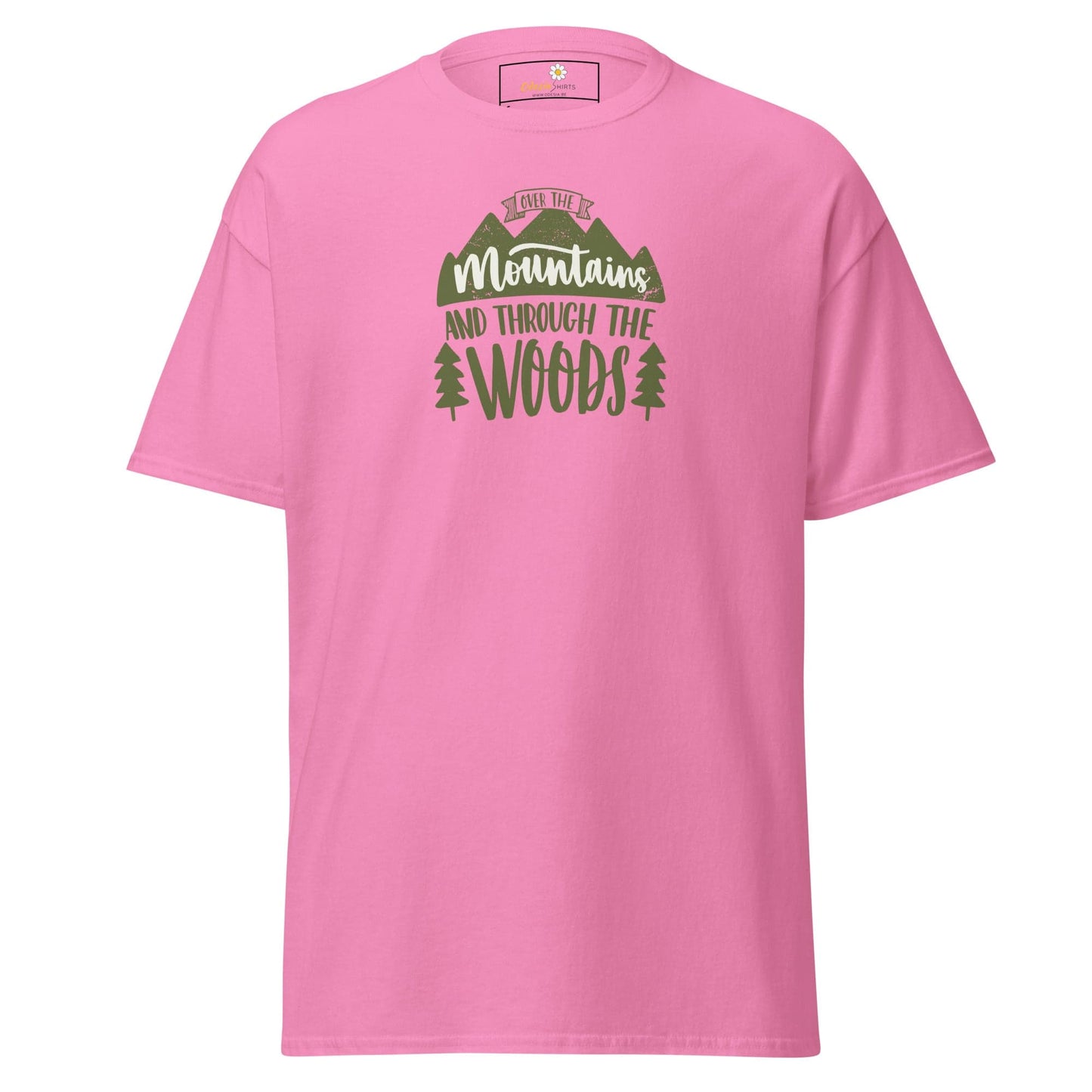 Pink T-shirt with Mountain and Woods Graphic for Men and Women in sizes S to XL