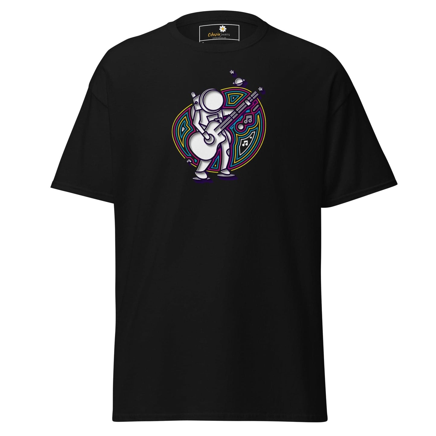 Black T-shirt featuring an astronaut graphic for both men and women in various sizes