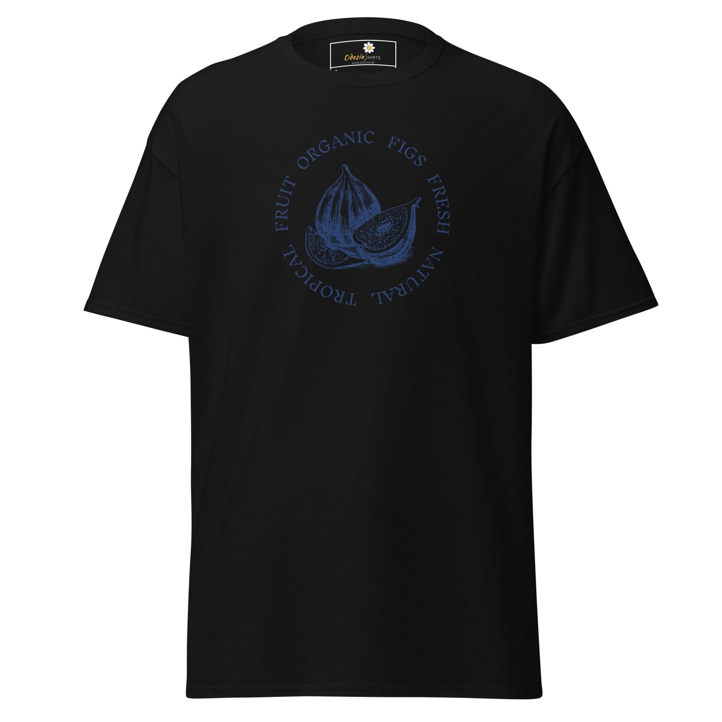 Black T-shirt featuring a fig graphic for Men and Women in sizes S to XL