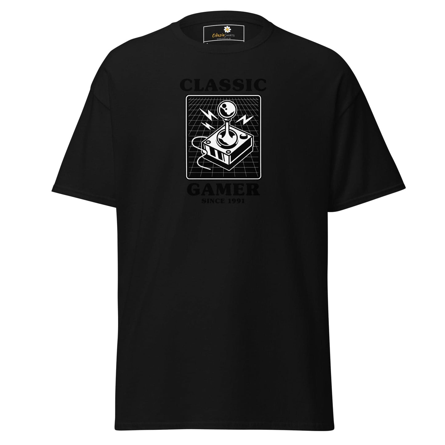 Black T-shirt with retro gaming design for men and women in sizes S to XL