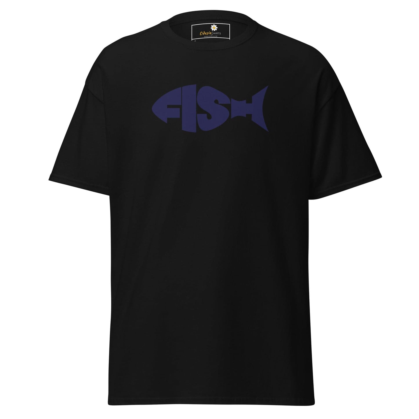 Black T-shirt with fish-shaped FISH text, suitable for men and women, available in sizes S to XL
