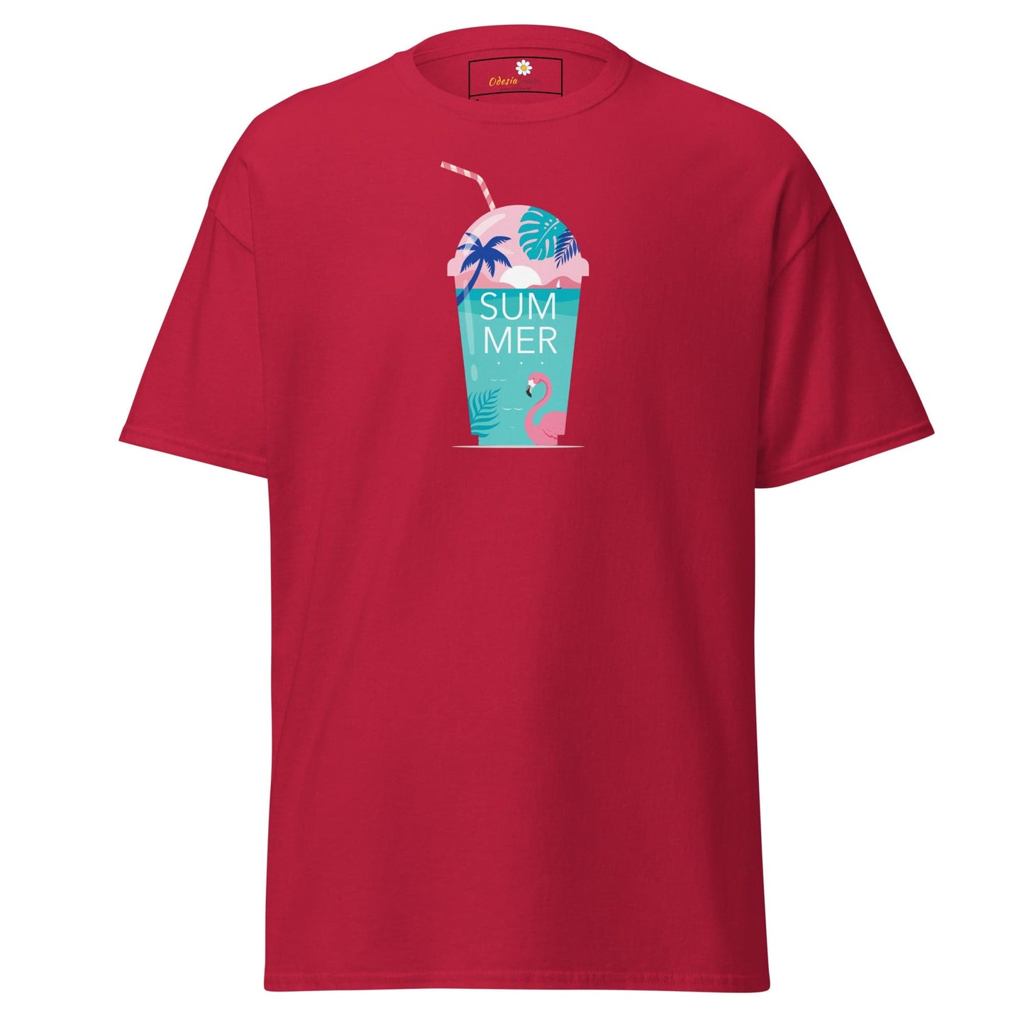 Red T-shirt featuring a summer drink graphic, suitable for men and women in sizes S to XL