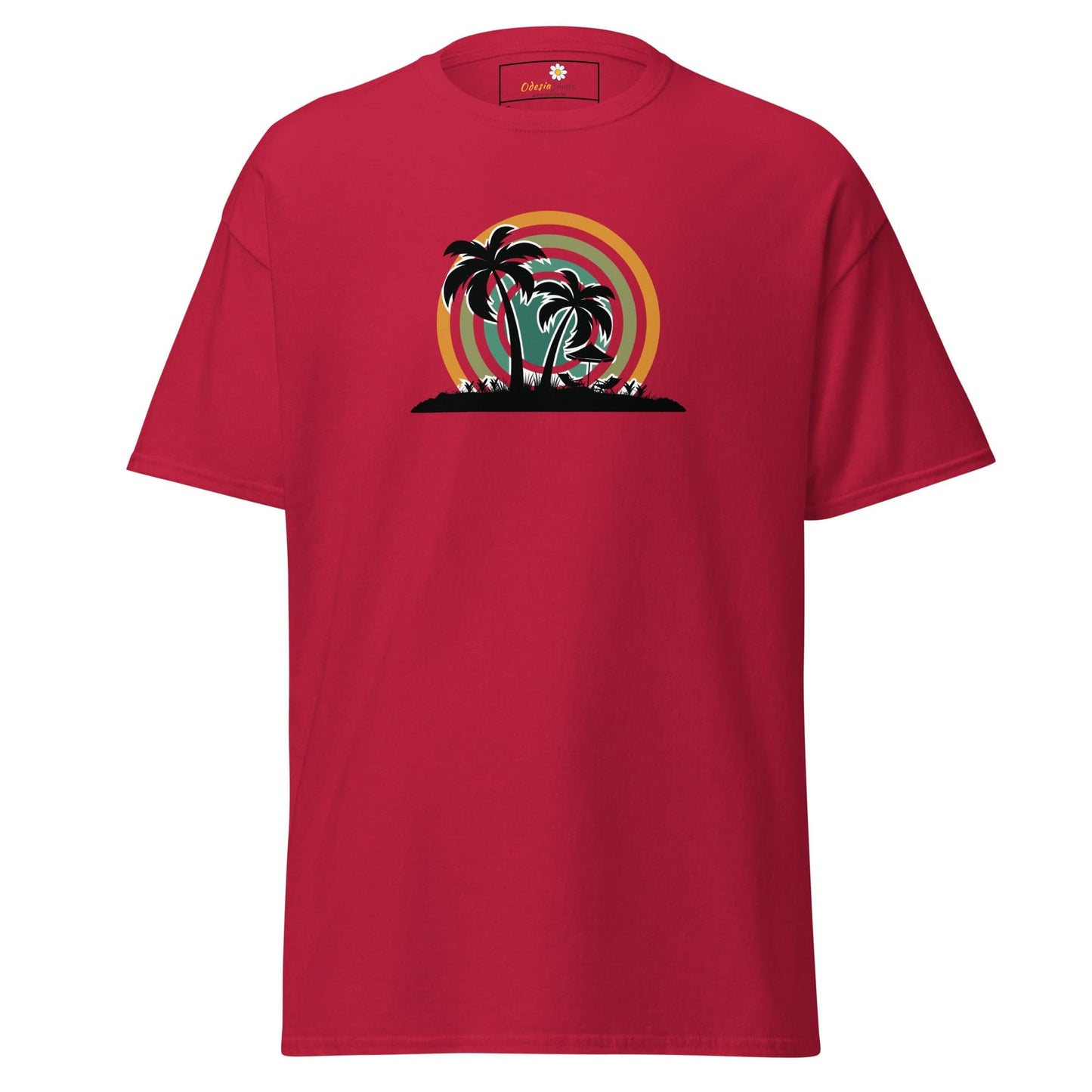 Red T-shirt with a palm tree graphic from T-SHIRT DESIGN TEE for Men and Women