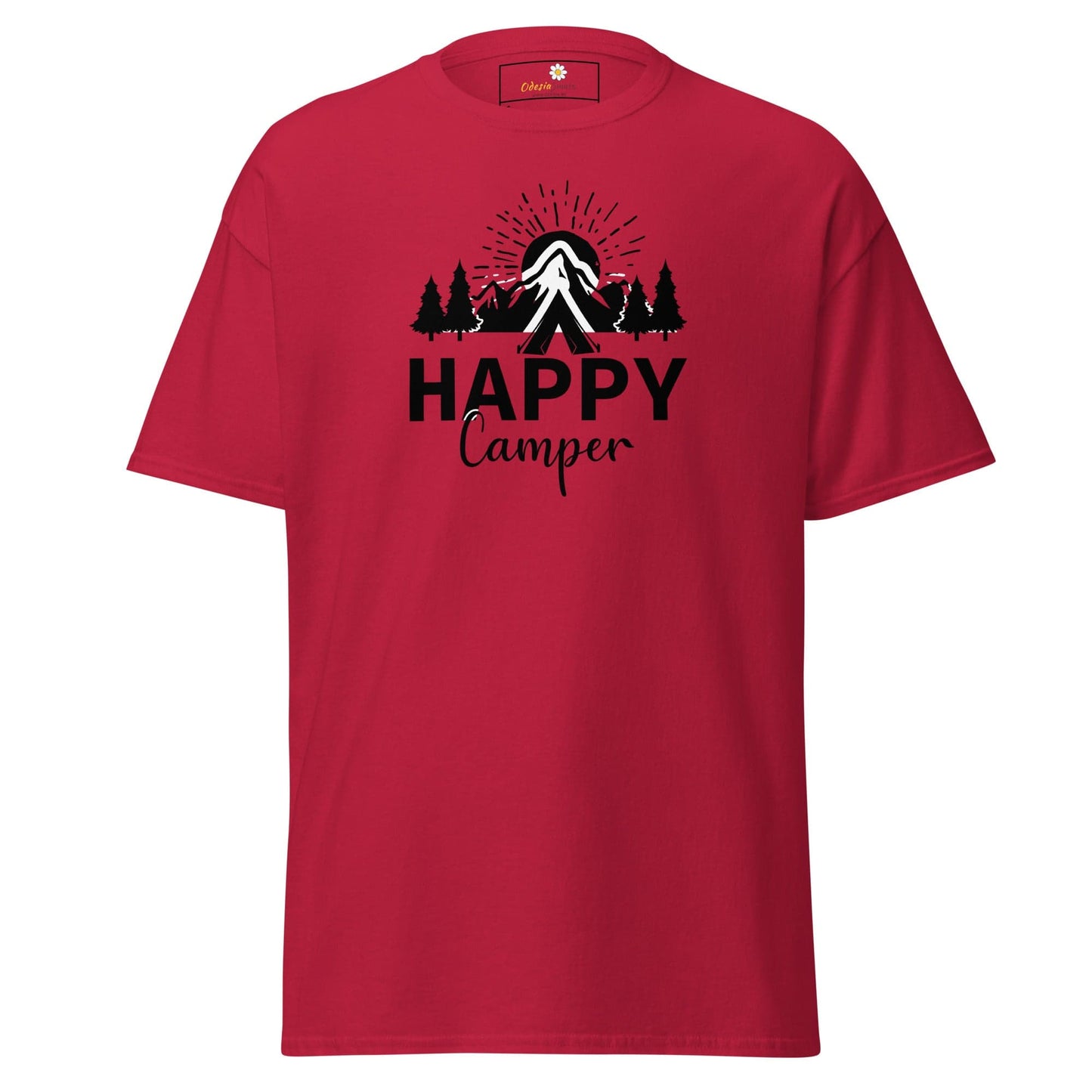 Red T-shirt with camping graphic for men and women, available in sizes S to XL