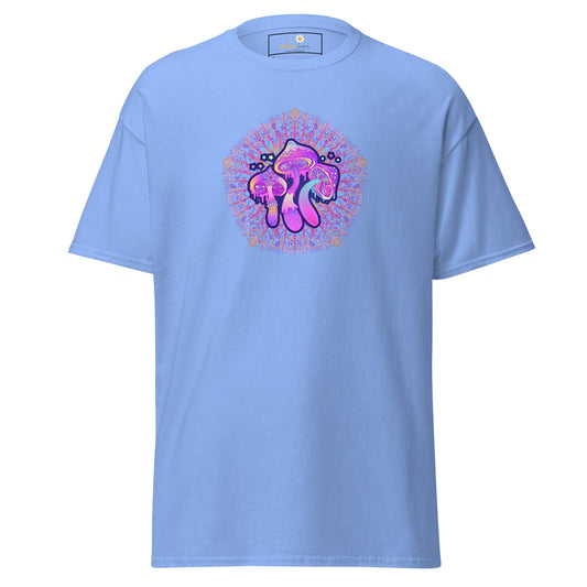 Light blue T-shirt with mushroom graphic, suitable for men and women, available in S to XL sizes