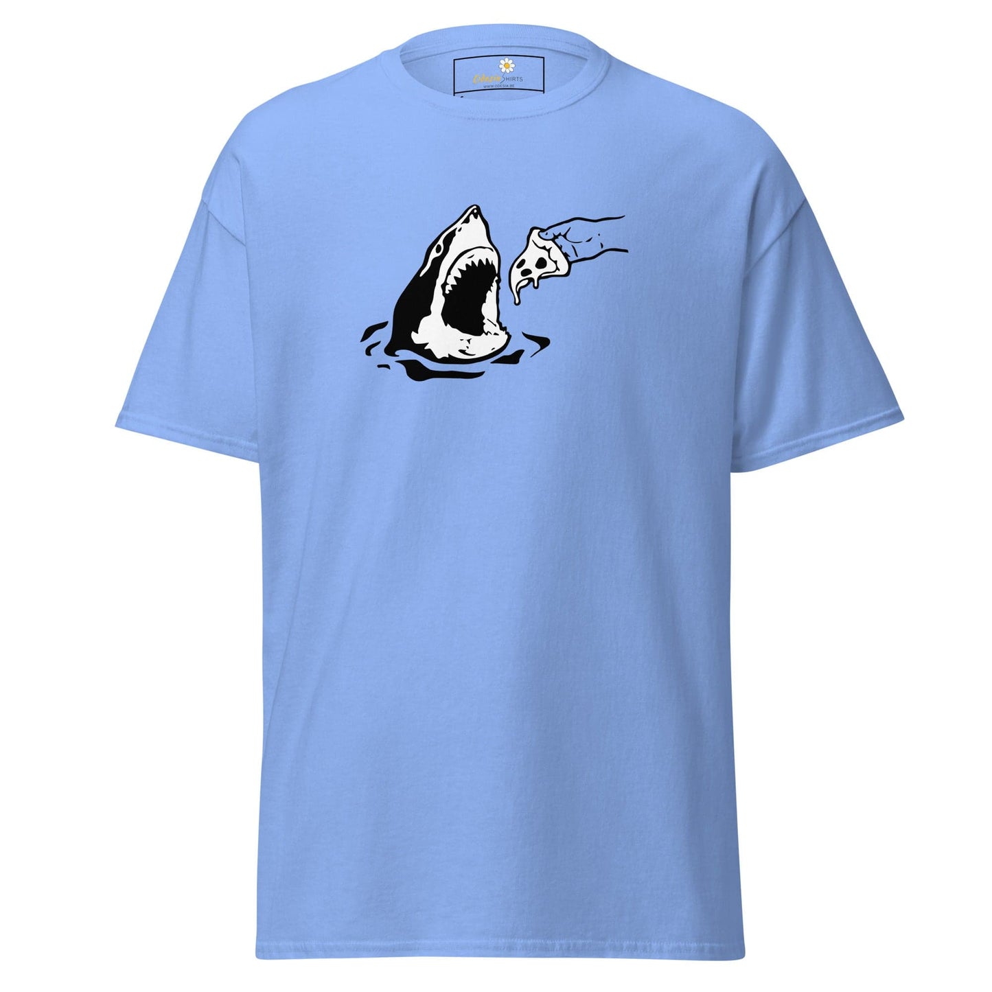 Light blue T-shirt featuring a shark and pizza graphic ideal for men and women