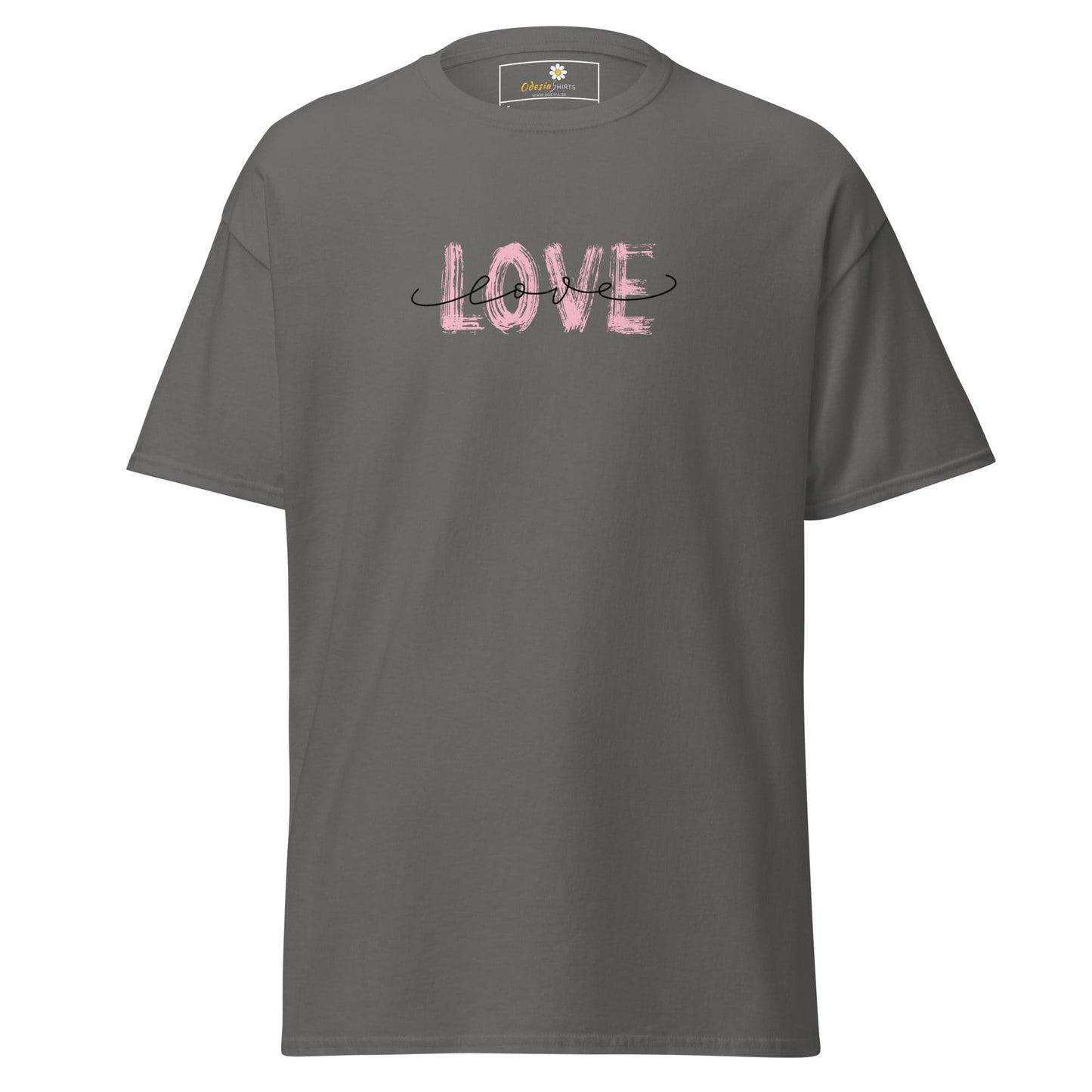 Gray T-shirt with pink LOVE graphic for men and women available in sizes S to XL