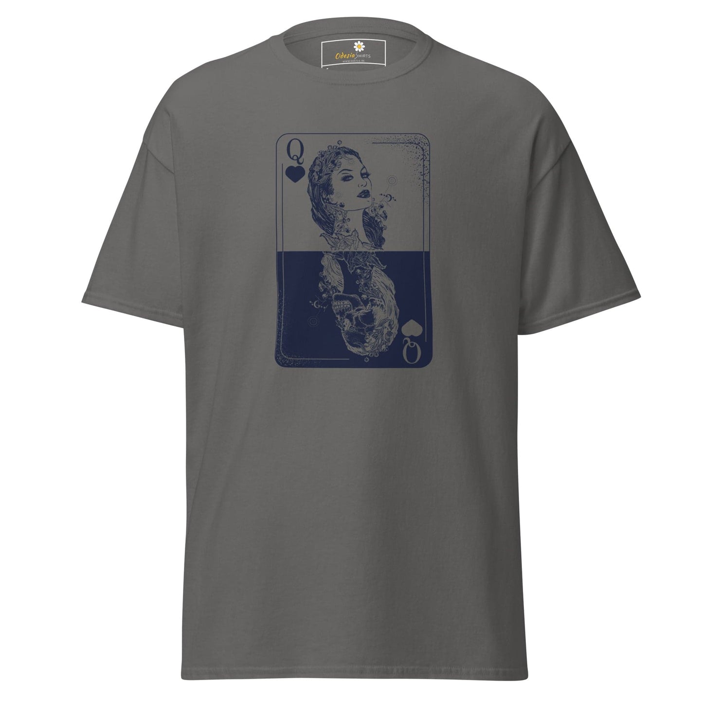 Gray T-shirt with playing card graphic for men and women, available in S to XL sizes