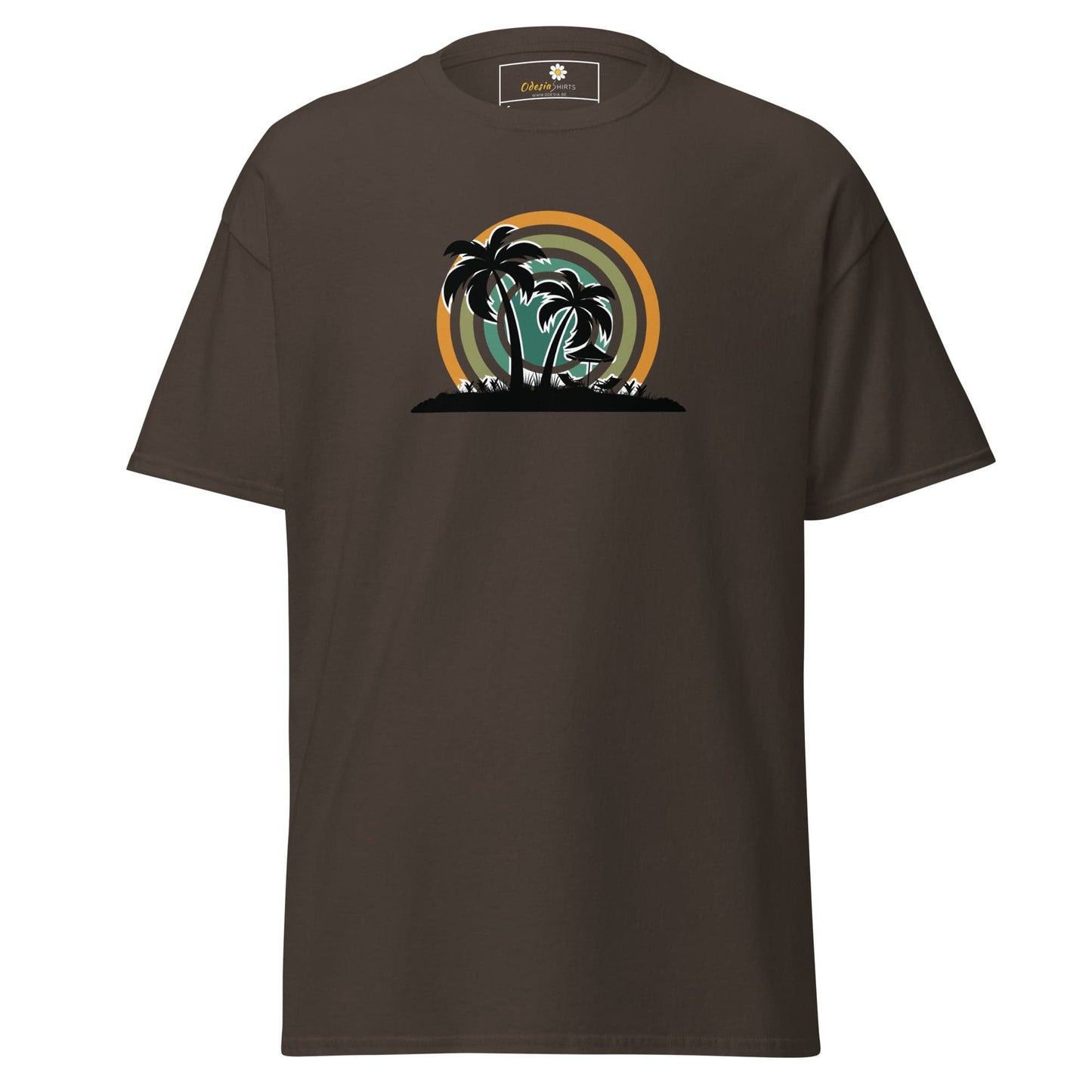 Brown T-shirt with palm tree graphic for men and women in sizes S to XL