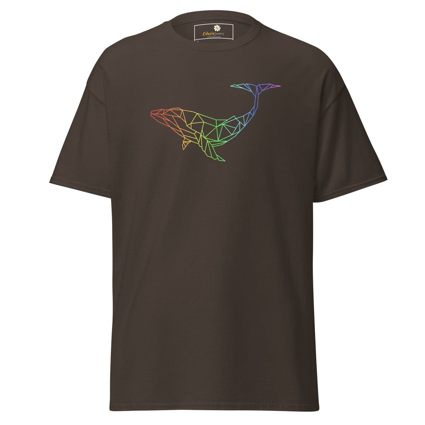 Brown t-shirt with geometric whale design, suitable for men and women, available in S to XL
