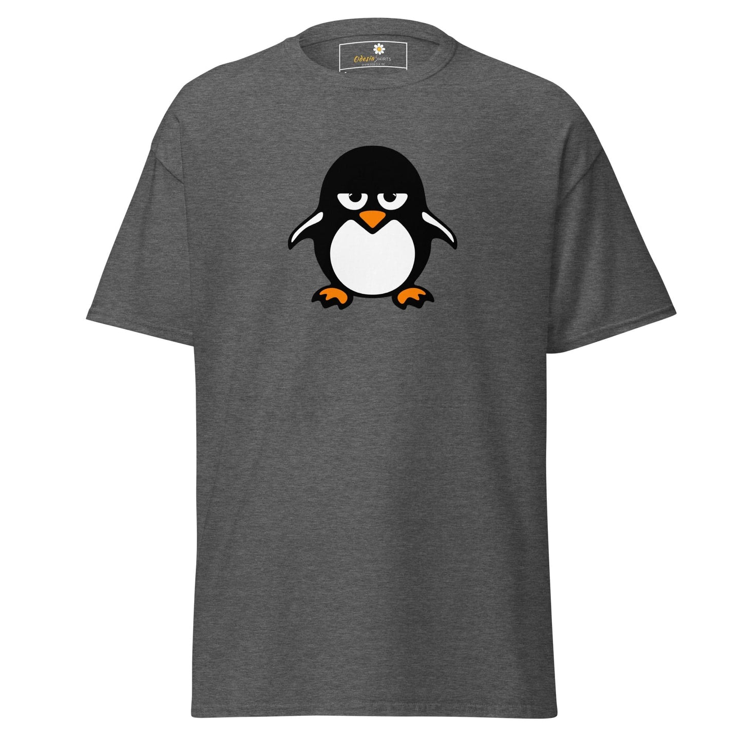 Gray T-shirt featuring a penguin graphic for men and women in sizes S to XL