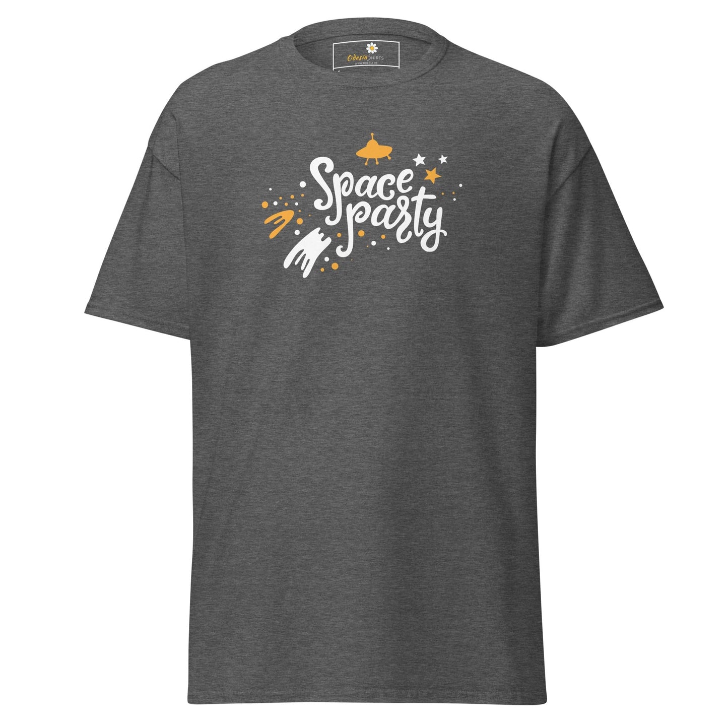 Gray T-shirt with Space Party design for men and women available in sizes S to XL
