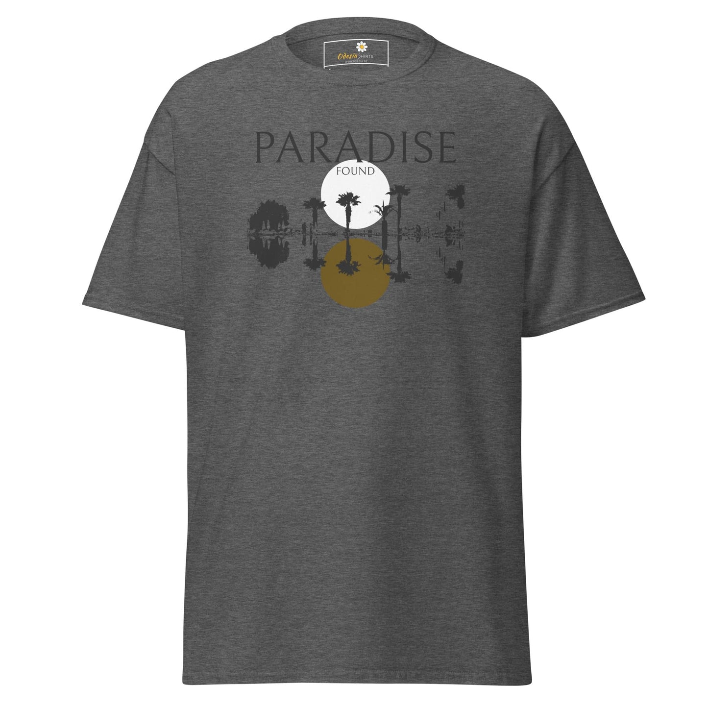 Gray T-shirt with tropical graphic design for men and women in sizes S to XL