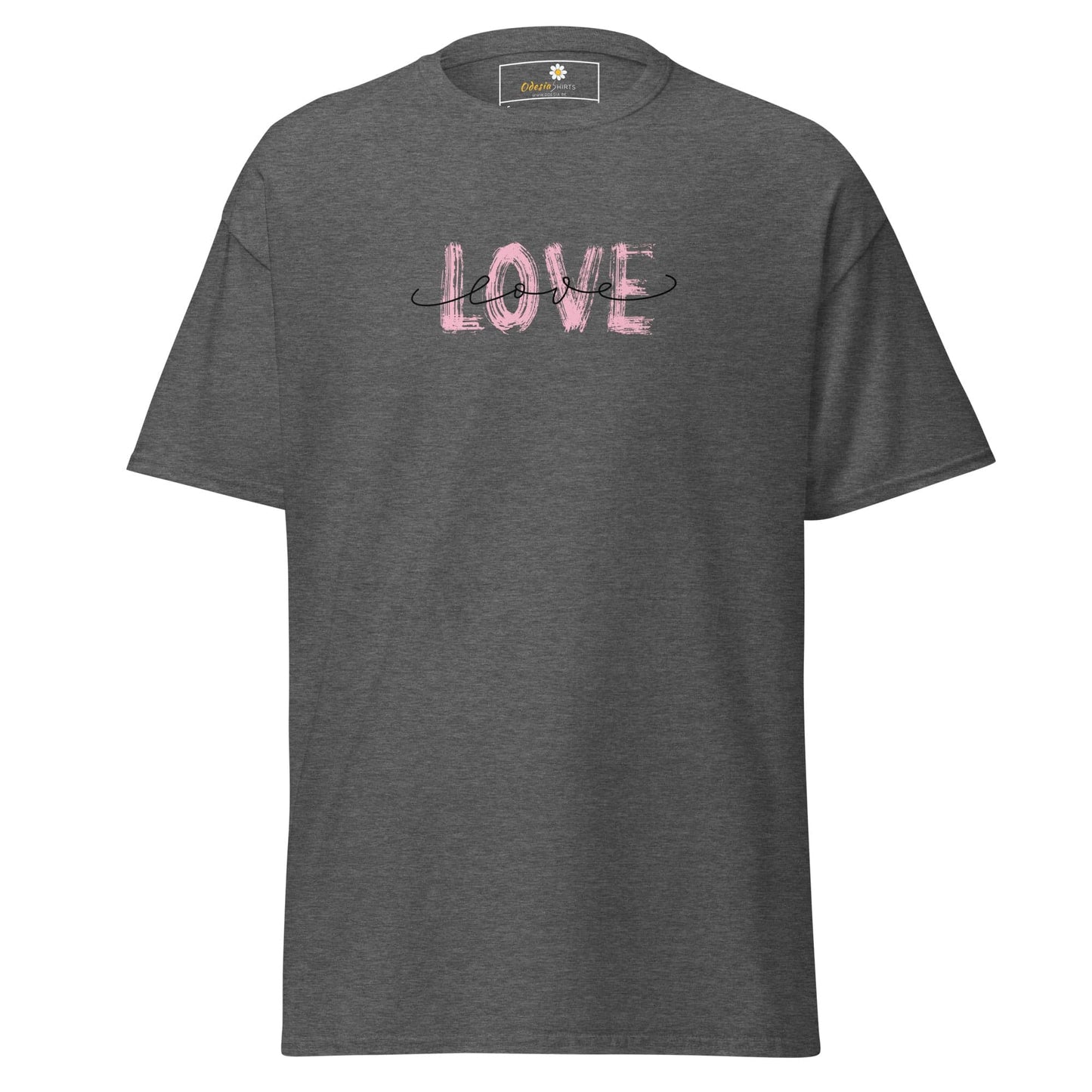 Gray T-shirt with pink LOVE graphic from T-SHIRT DESIGN TEE for Men and Women