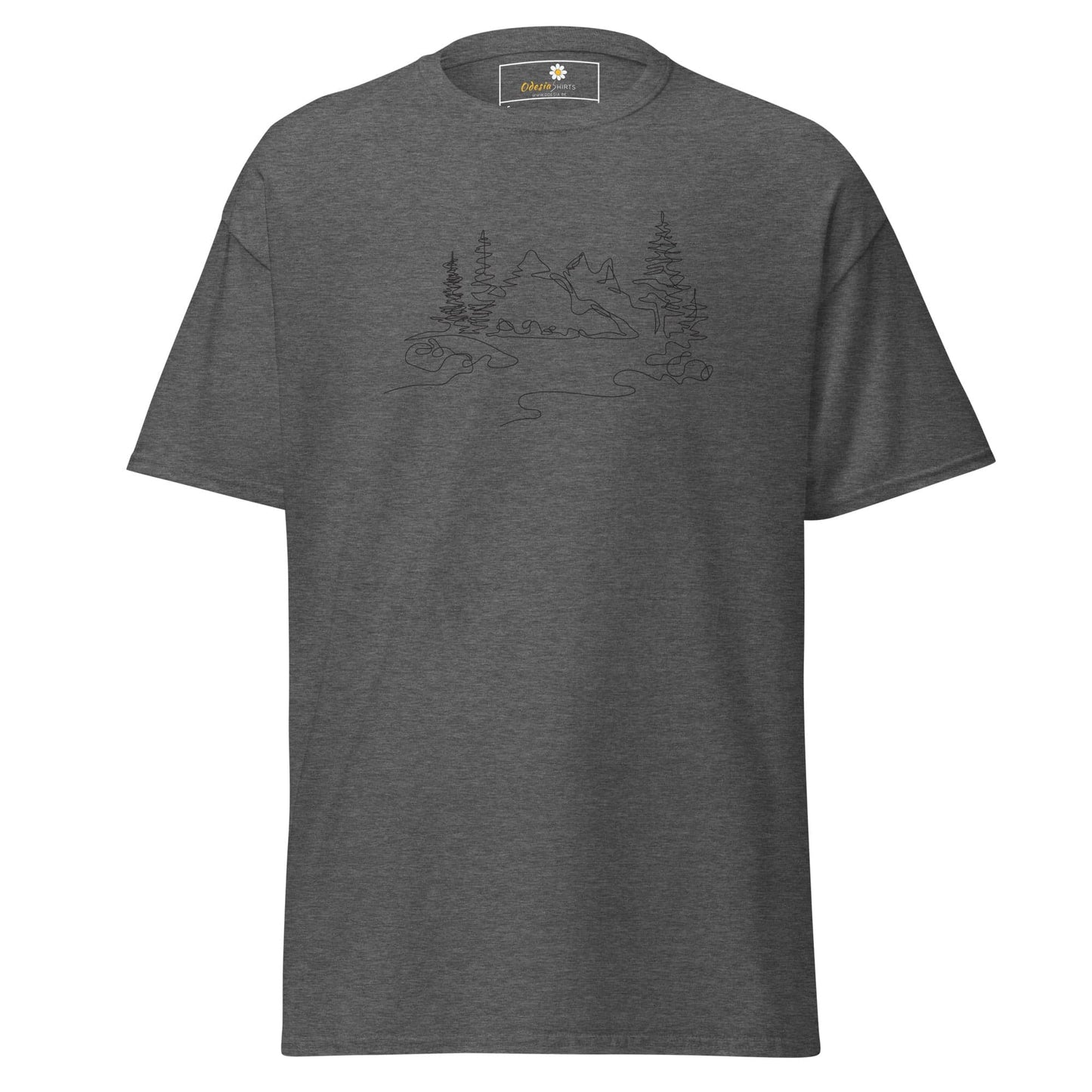 Gray T-shirt featuring a mountain and tree design from T-SHIRT DESIGN TEE collection