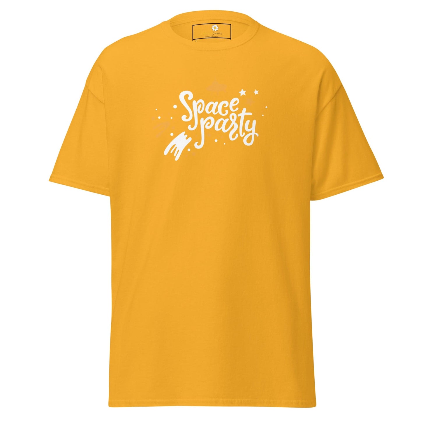 Yellow T-shirt with Space Party graphic available in S to XL for men and women