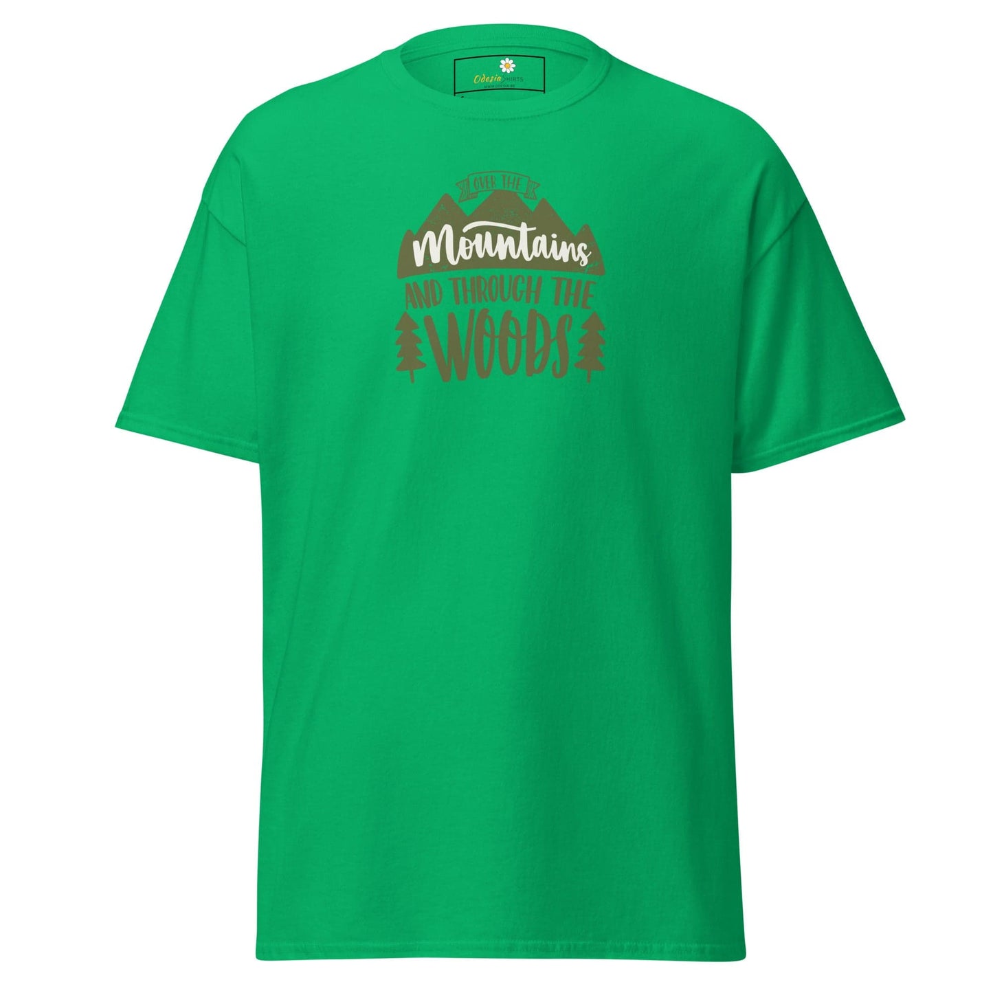 Green T-shirt with mountain graphic for men and women, available in sizes S to XL