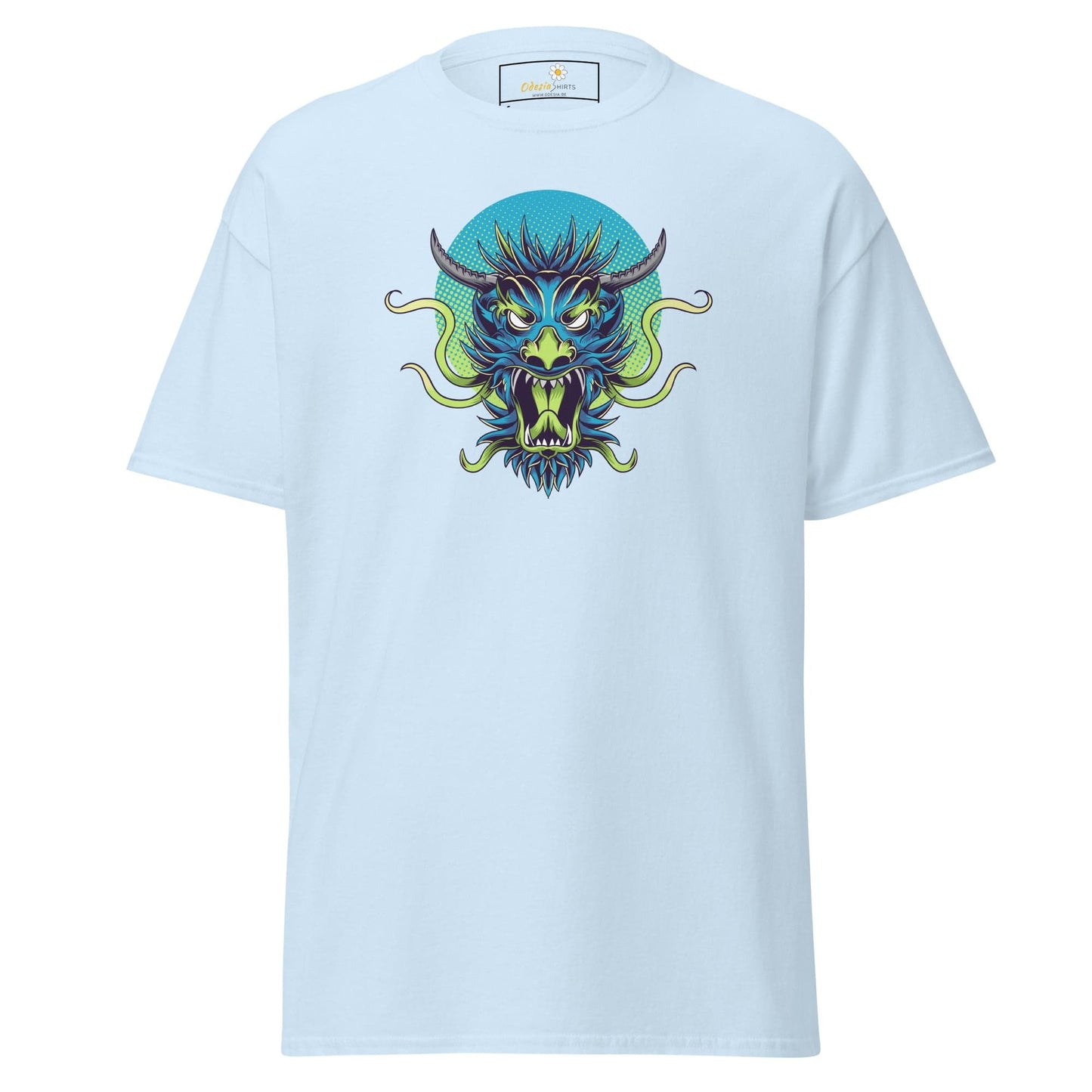Light blue T-shirt with a detailed dragon graphic for Men and Women in sizes S to XL