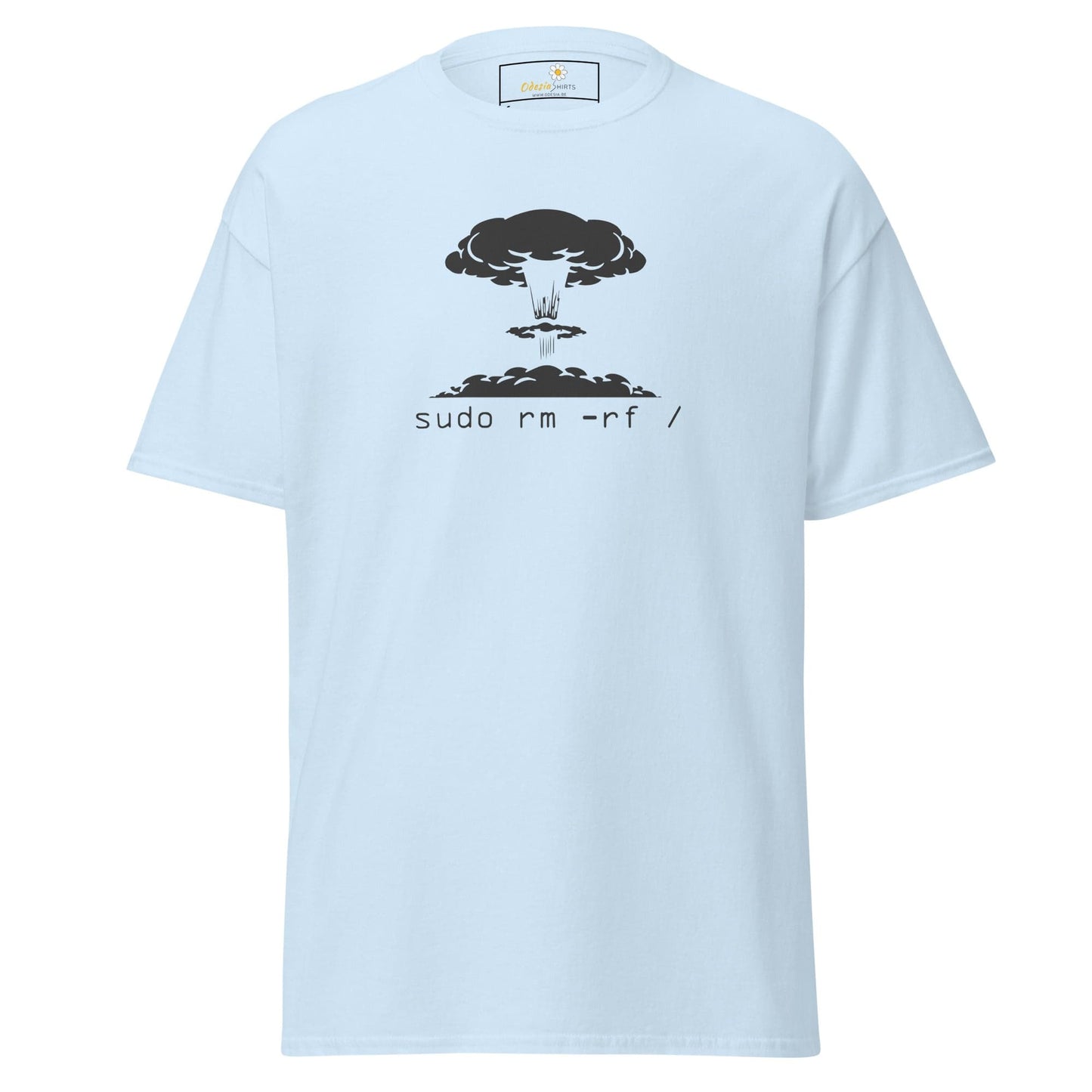 Light blue T-shirt featuring a mushroom cloud graphic, suitable for men and women sizes S to XL