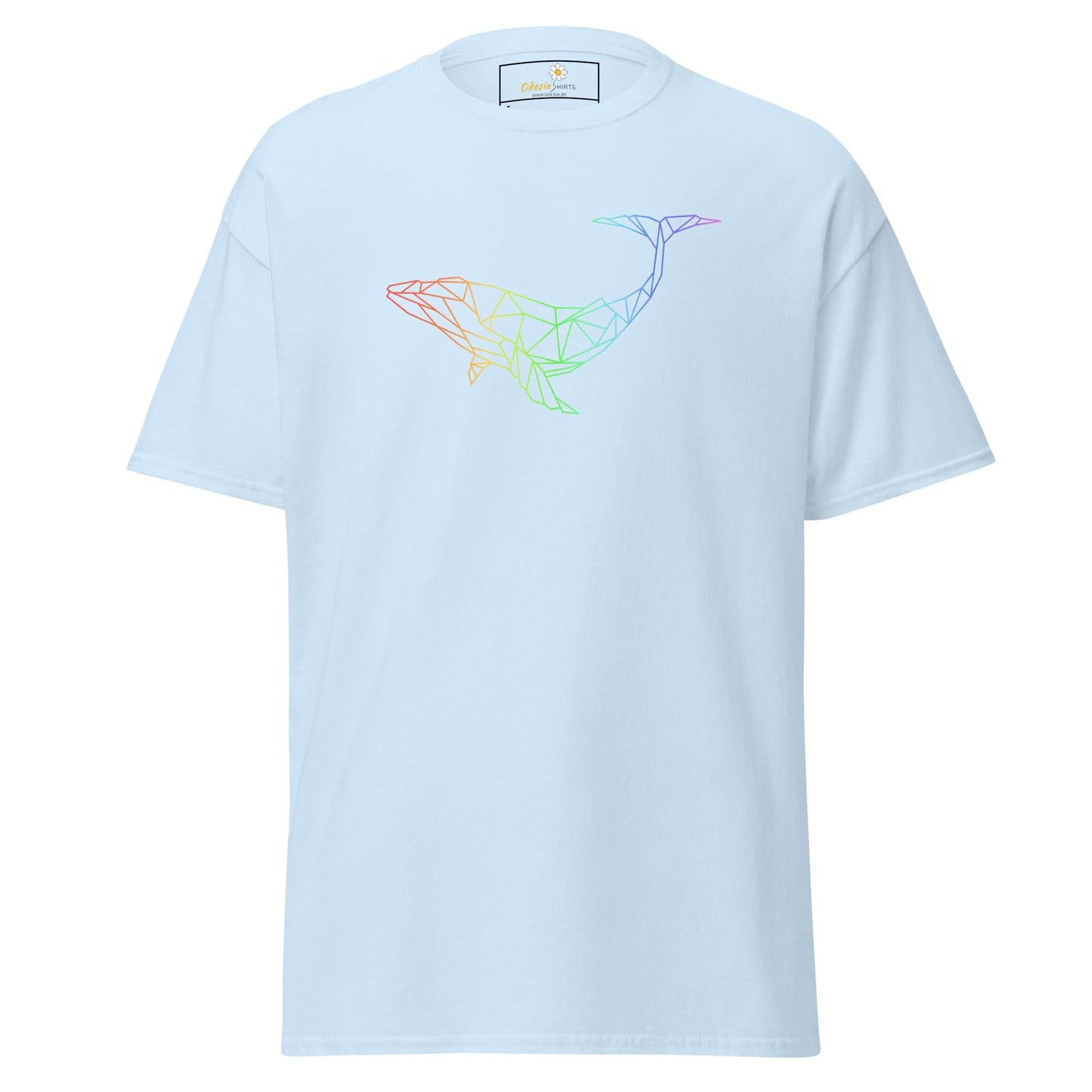Light blue T-shirt featuring a rainbow whale design for Men and Women in sizes S to XL