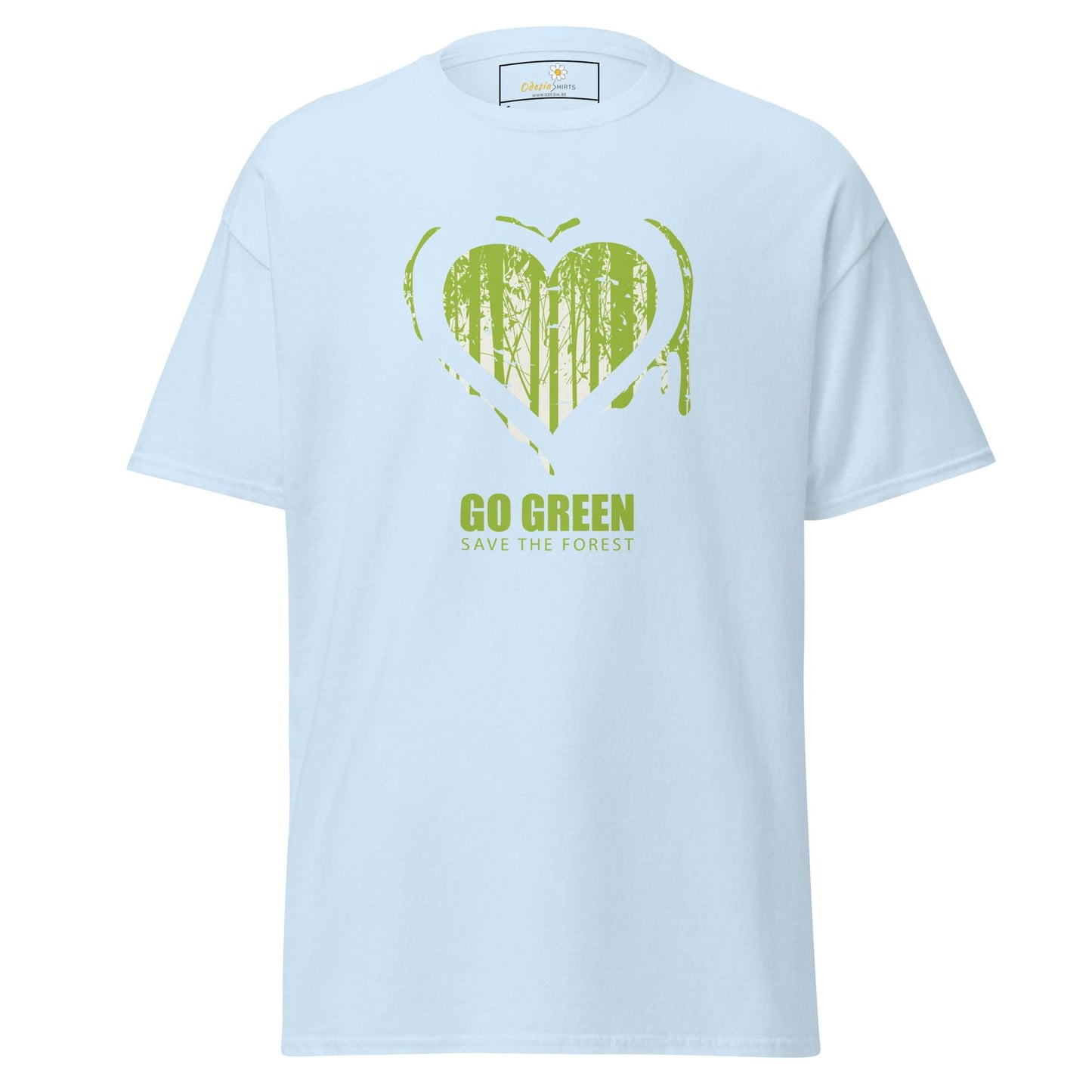 Light blue T-shirt with green heart and Go Green Save the Forest text for men and women
