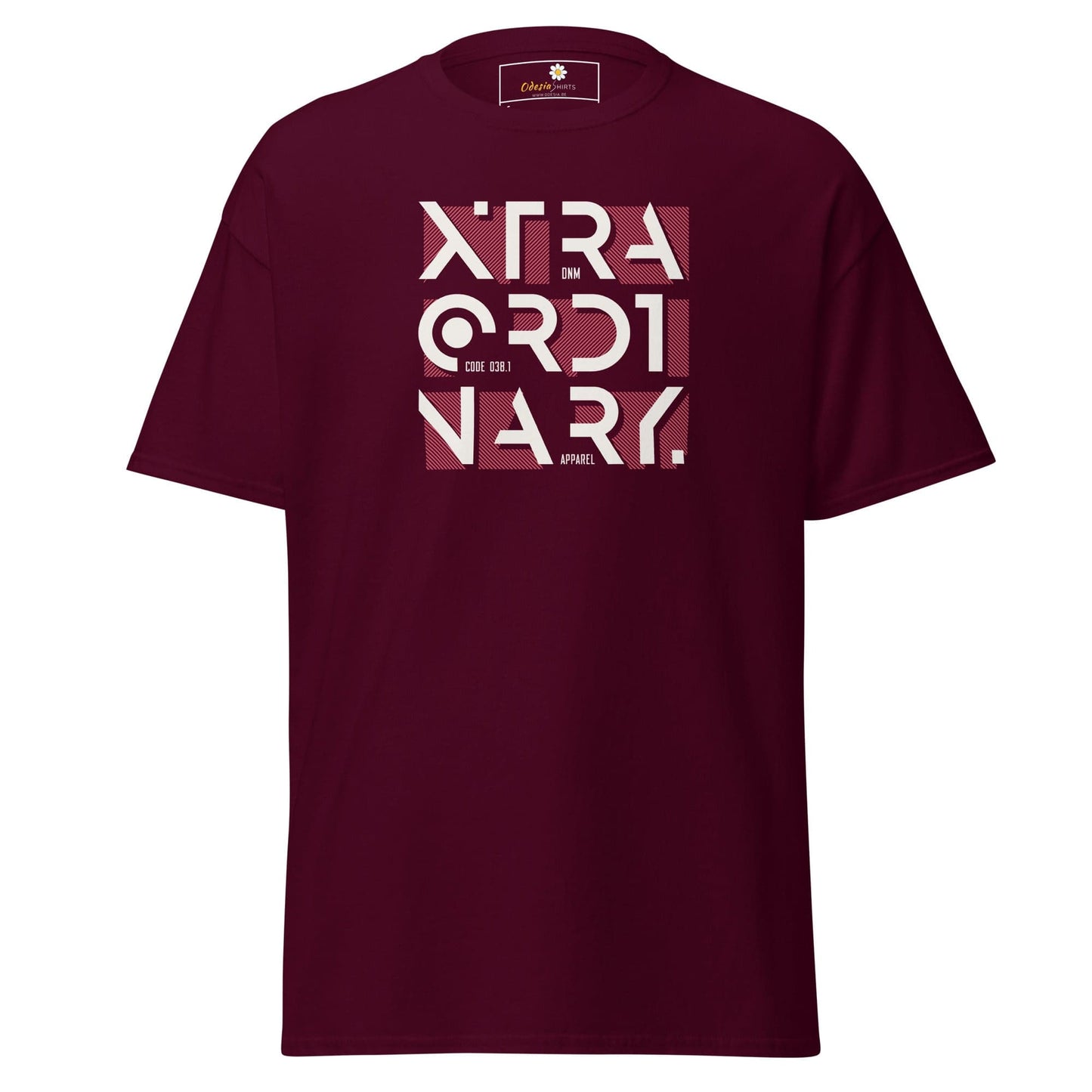 Maroon T-shirt with graphic print for men and women, available in sizes S to XL