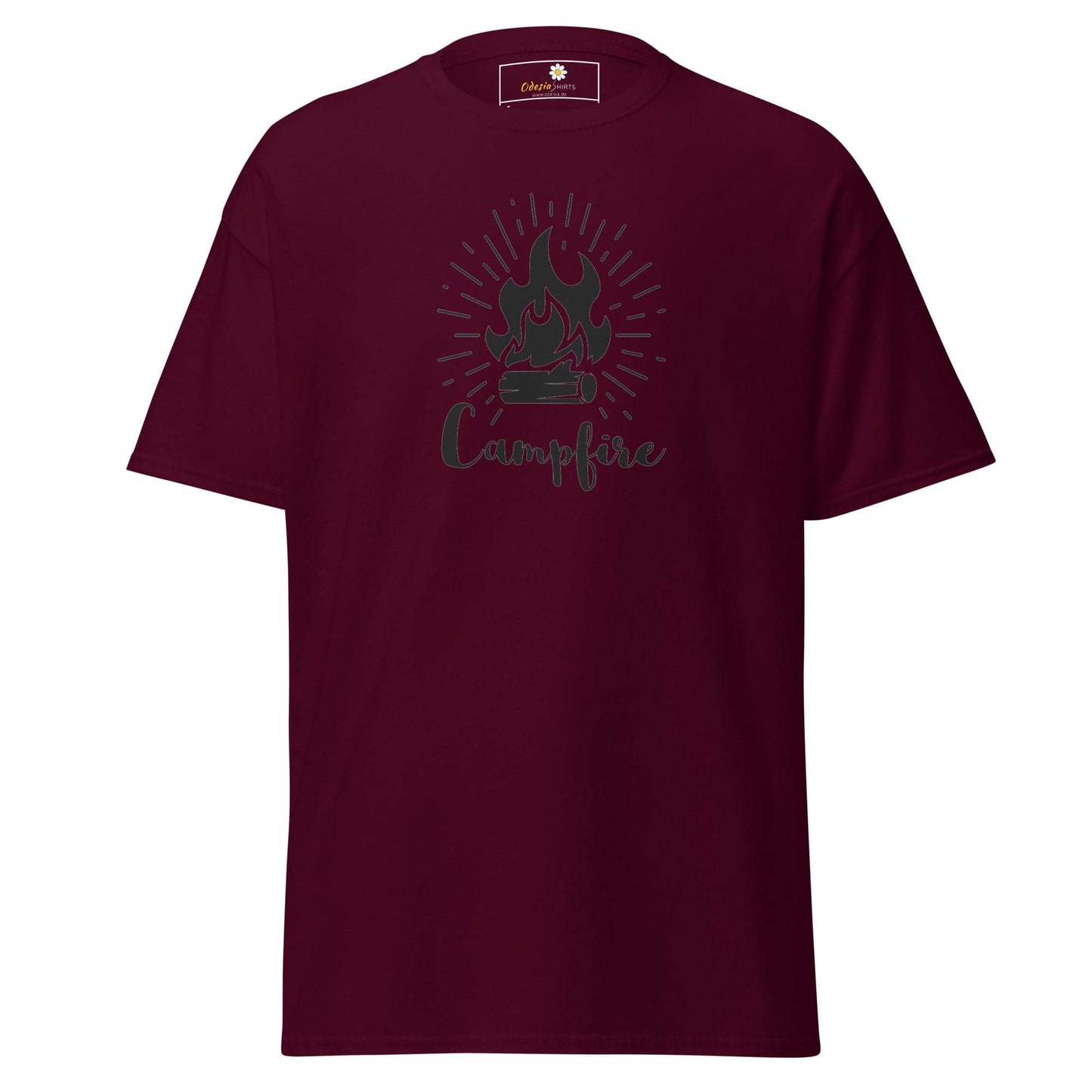 Maroon T-shirt with campfire graphic for men and women in sizes S to XL