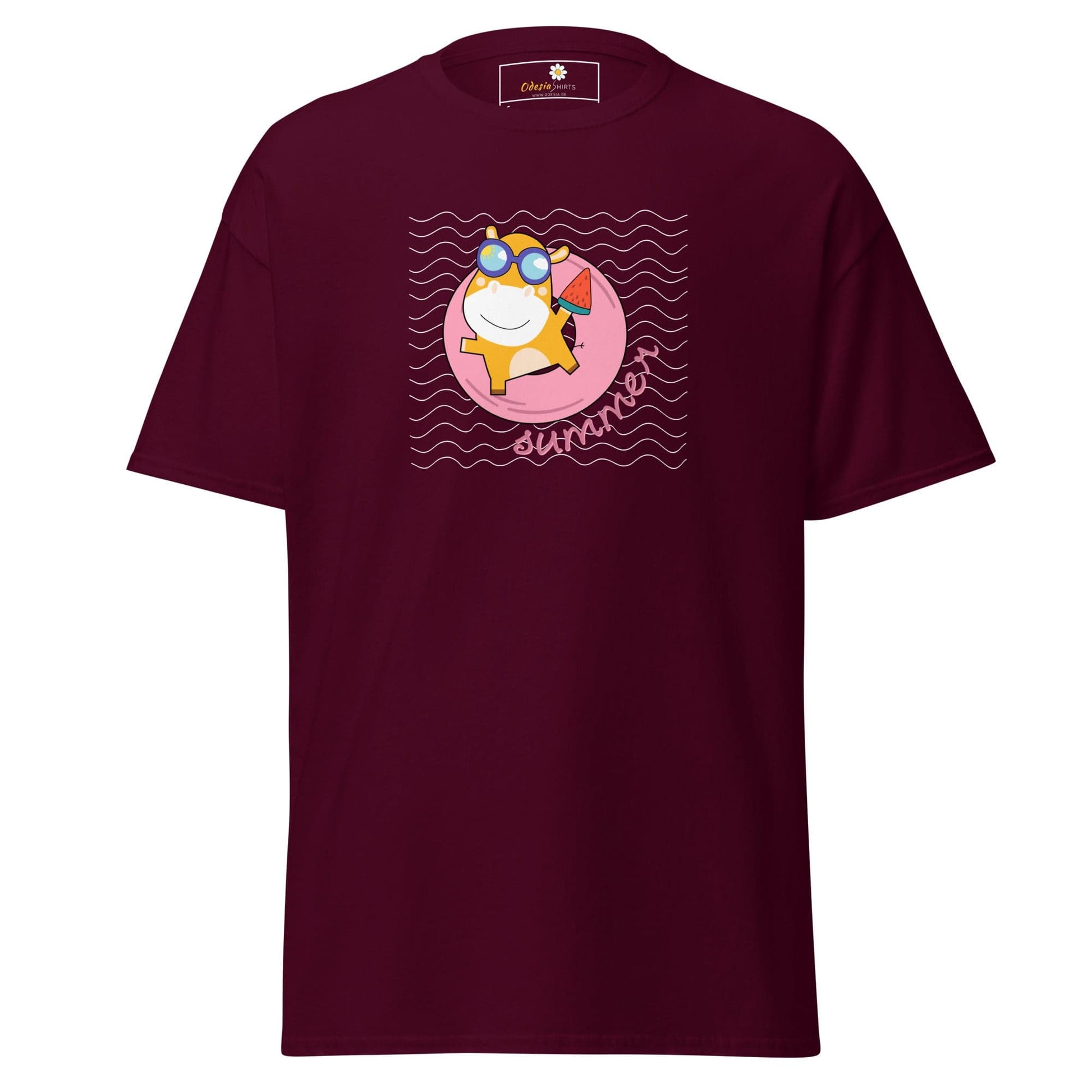Maroon T-shirt with cartoon graphic for Men and Women in sizes S to XL