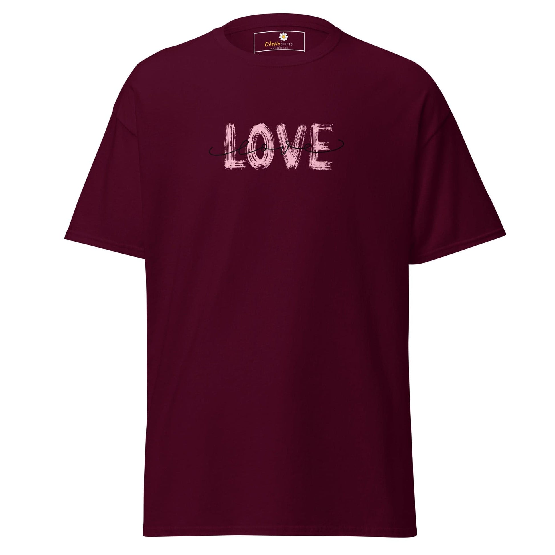 Maroon T-shirt with LOVE graphic, suitable for men and women, available in sizes S to XL