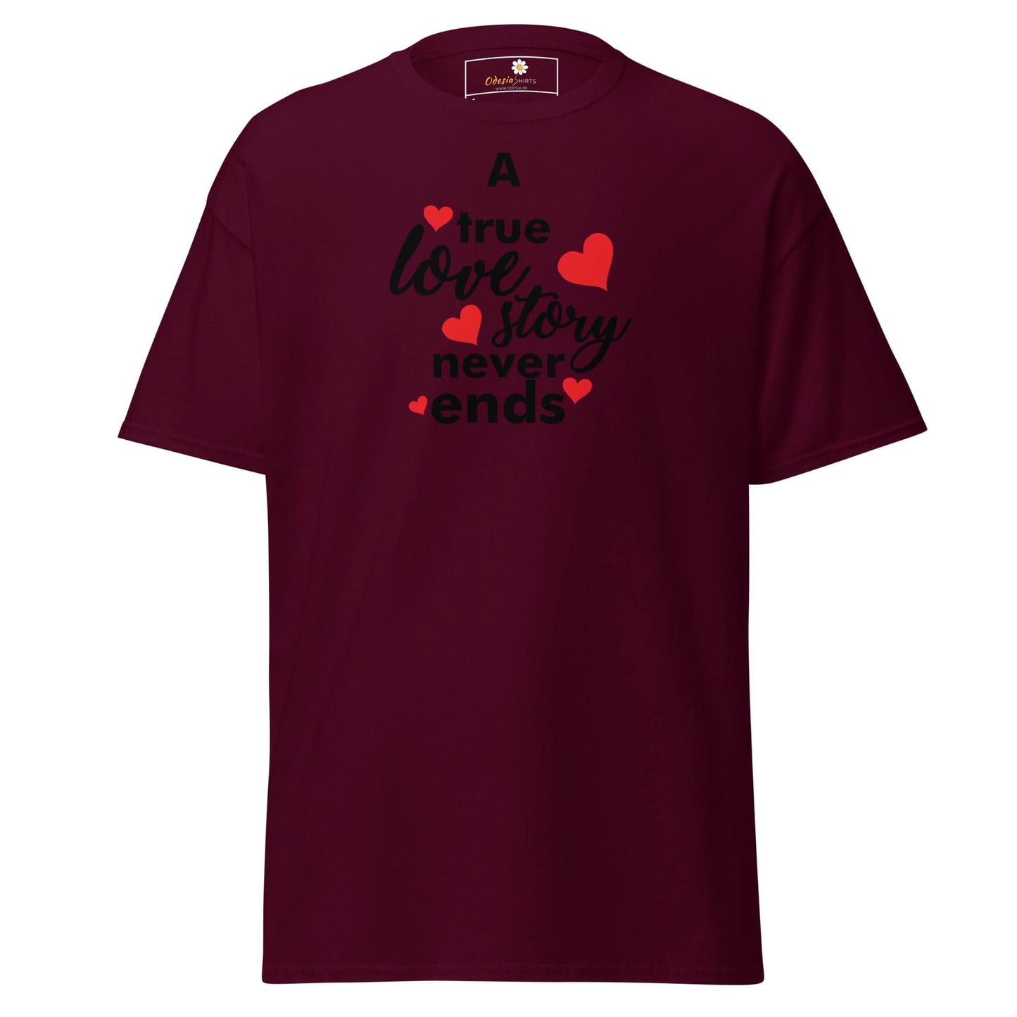 Maroon T-shirt featuring a love-themed graphic, suitable for men and women from size S to XL