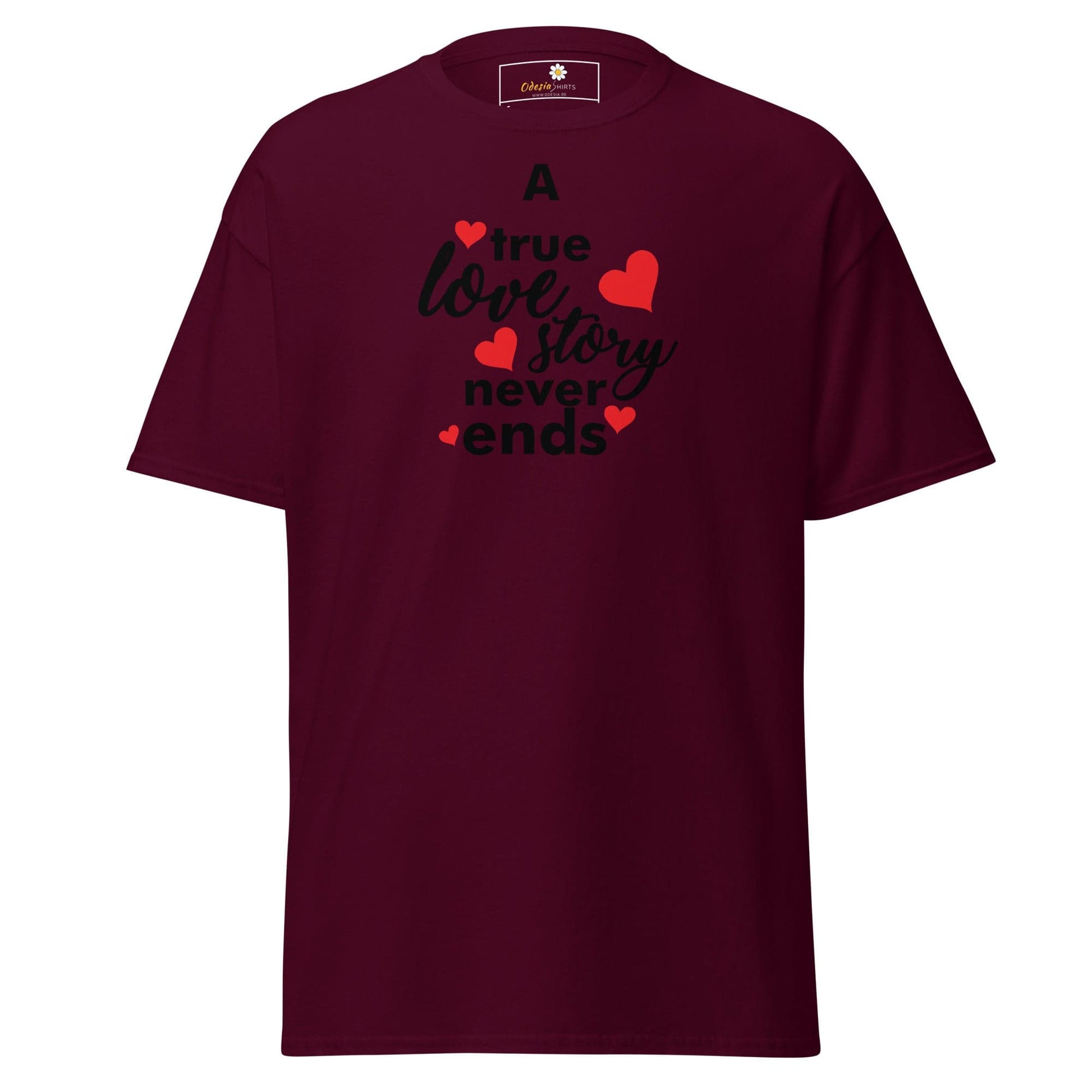 Maroon T-shirt featuring a love-themed graphic, suitable for men and women from size S to XL