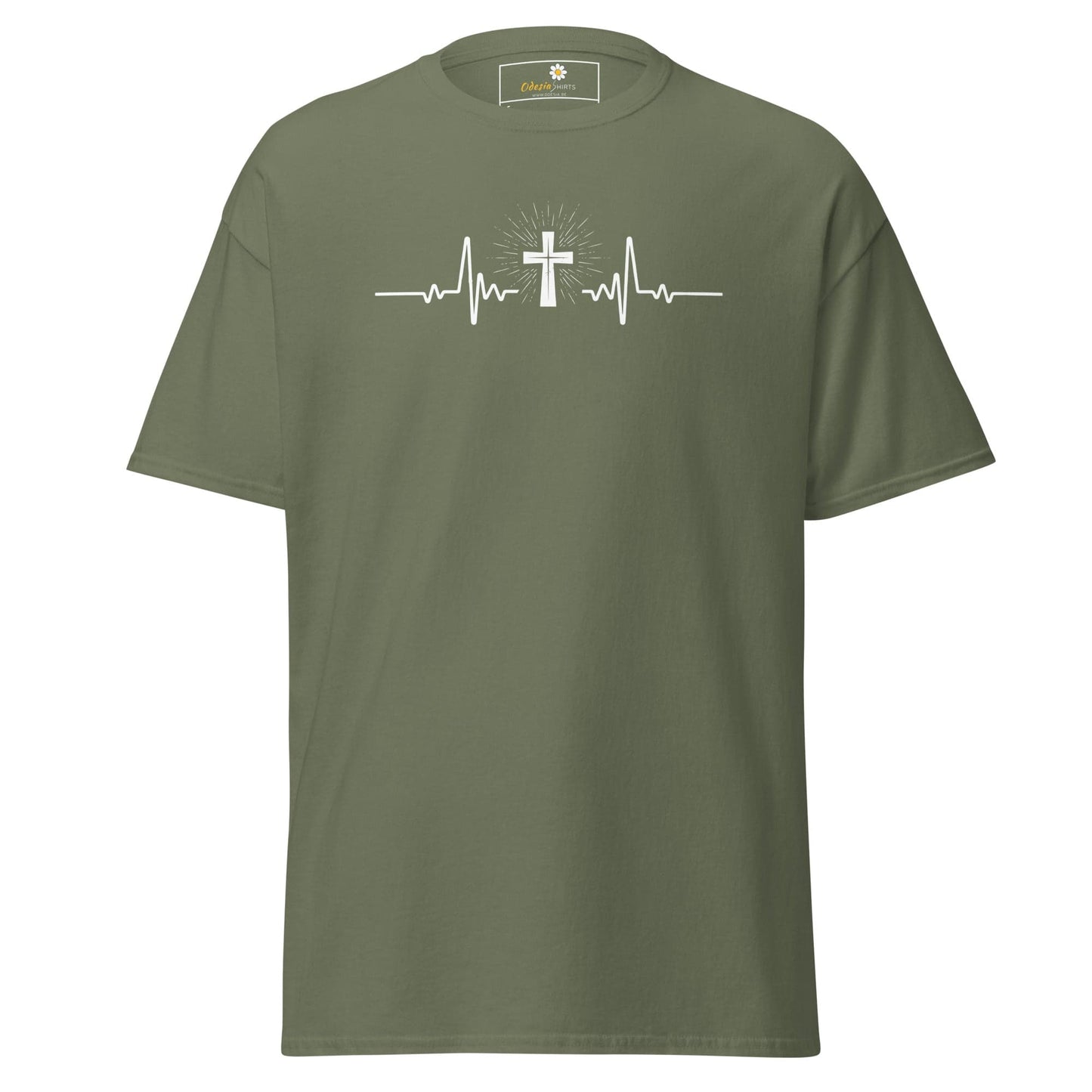 Olive green T-shirt with cross heartbeat design for men and women in sizes S to XL