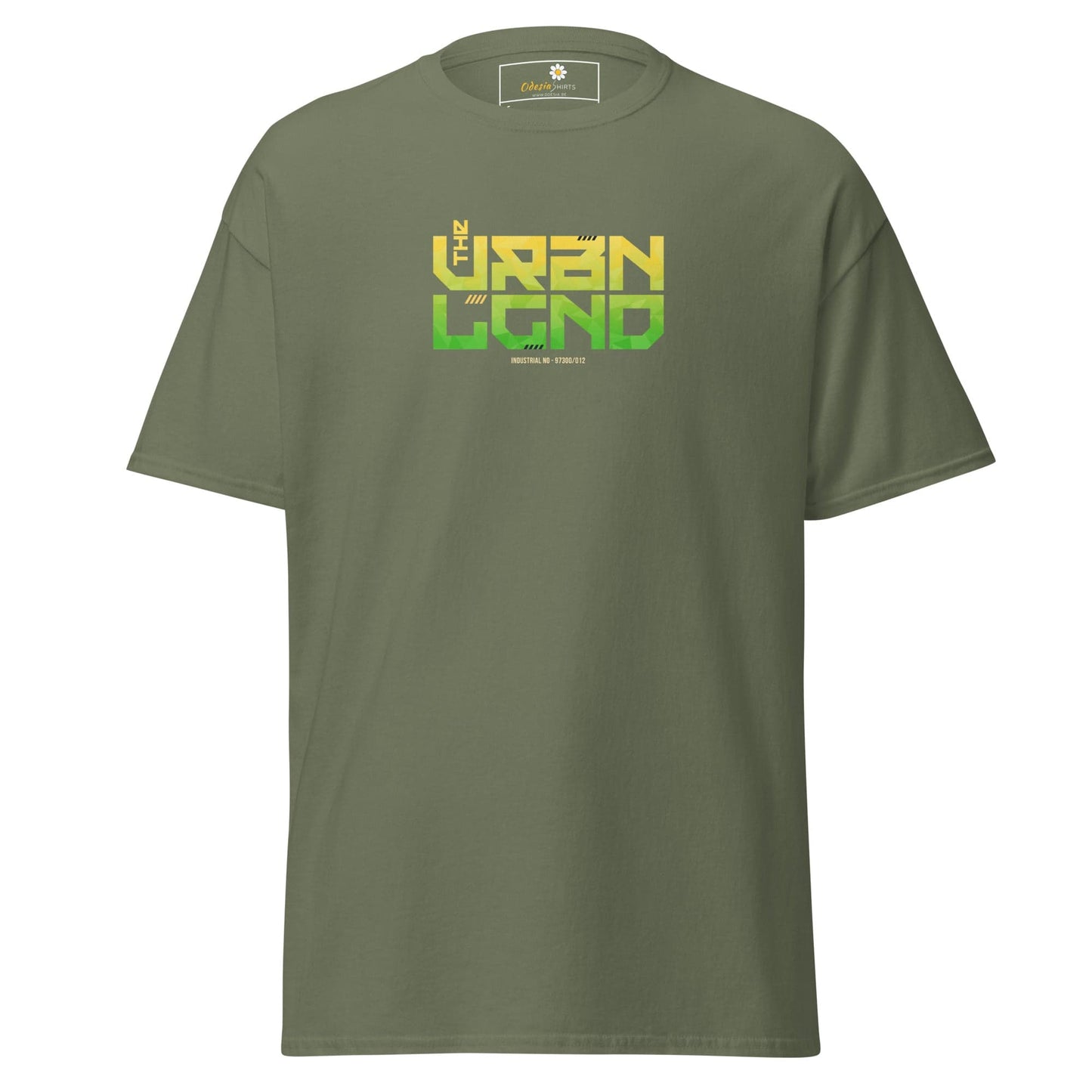Olive green T-shirt with graphic design for men and women in sizes S to XL