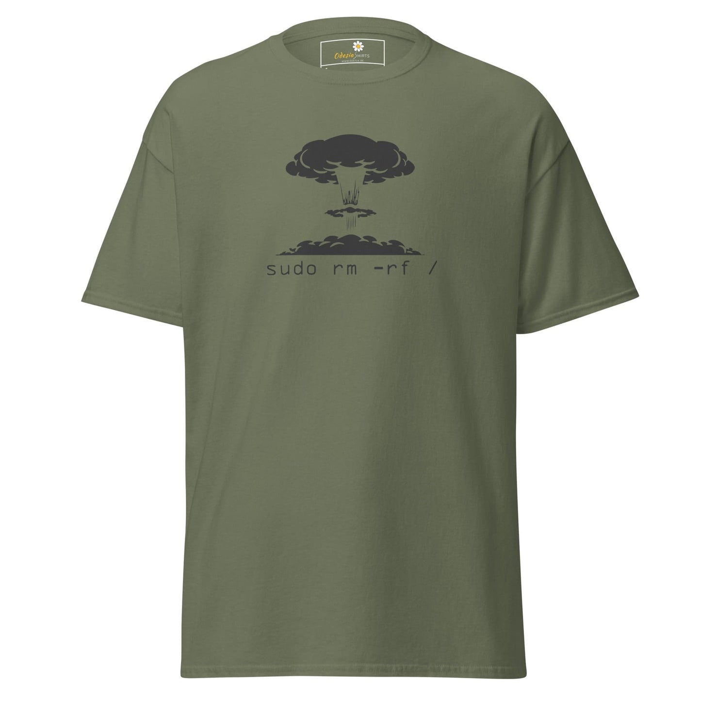 Olive green T-shirt featuring a mushroom cloud graphic for men and women, available in sizes S to XL