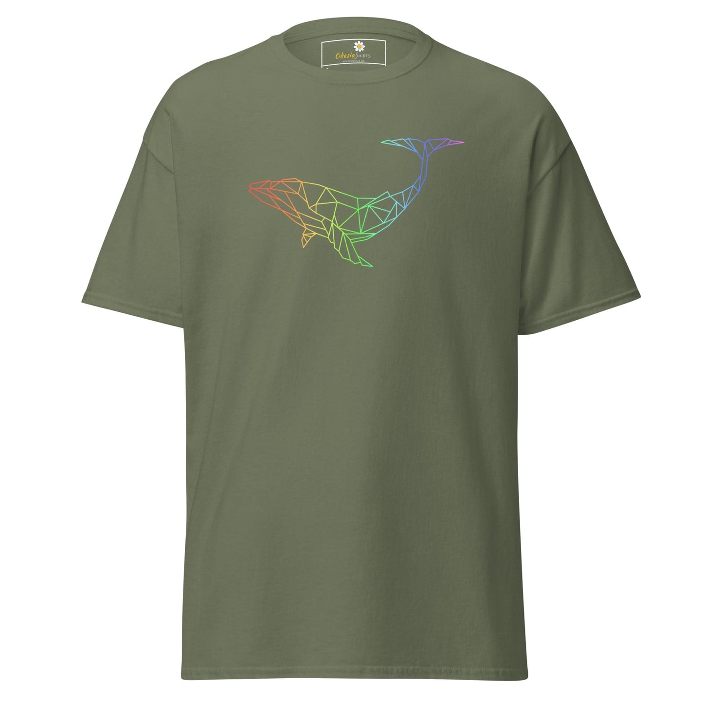 Olive green T-shirt with geometric whale design for men and women in size S to XL