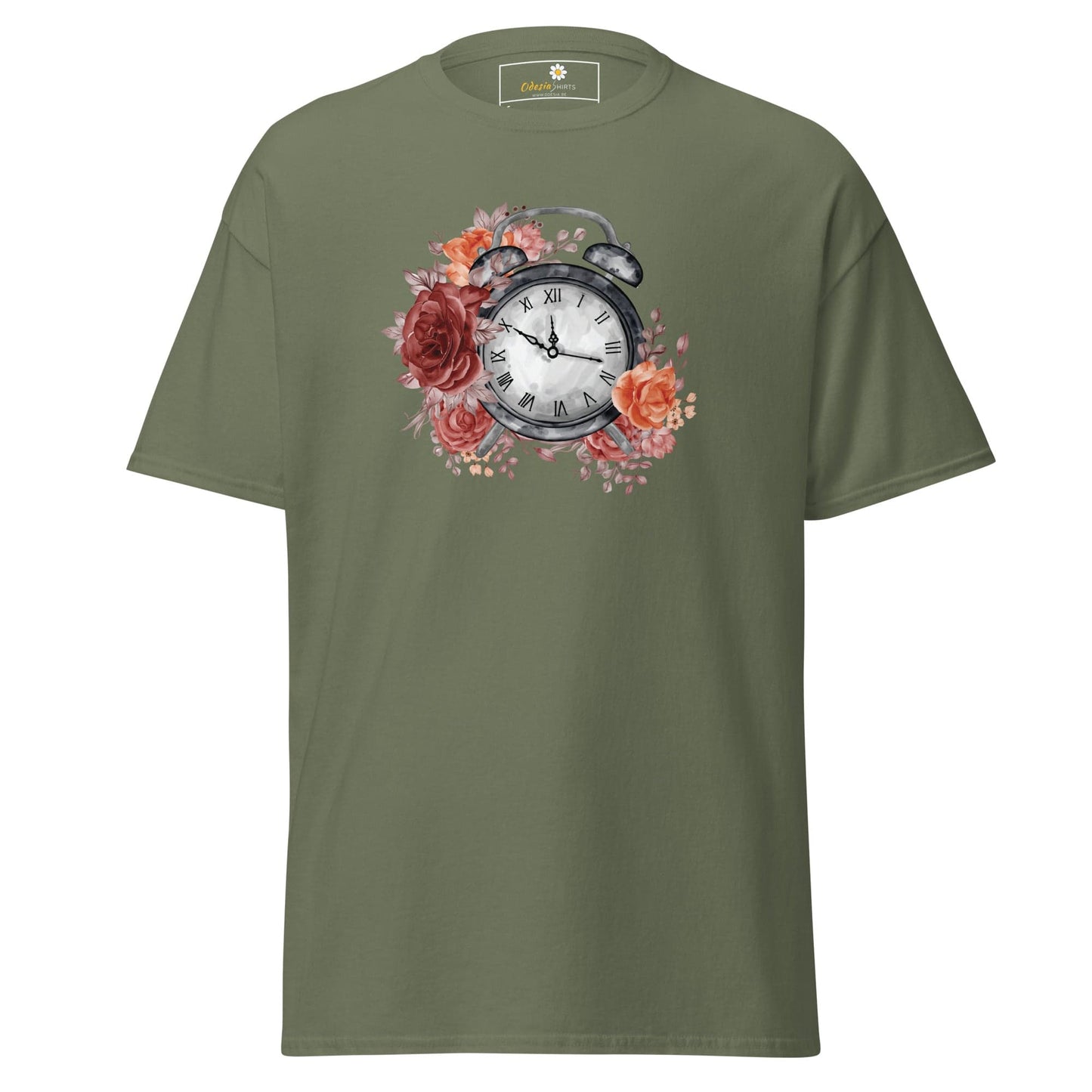 Unisex classic t-shirt - FANTASY CLOCK TIME FLOWERS - REGULAR - Military Green / S