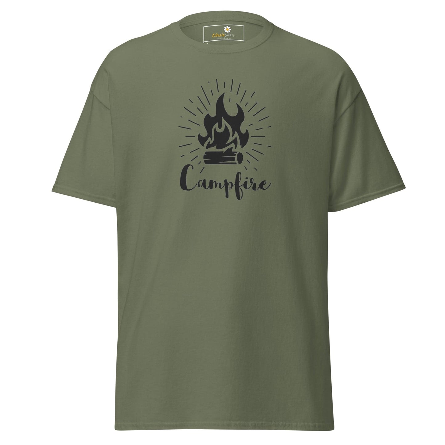 Olive green T-shirt with campfire graphic for men and women available in sizes S to XL