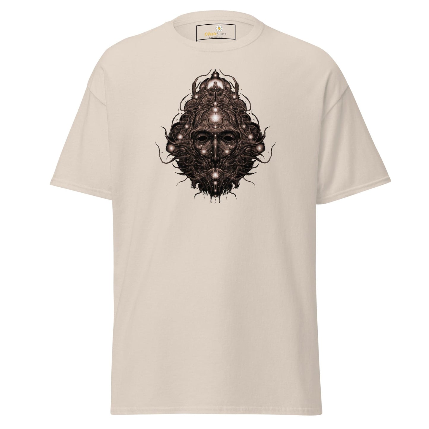 Beige T-shirt with a dark intricate face design for men and women in size S to XL