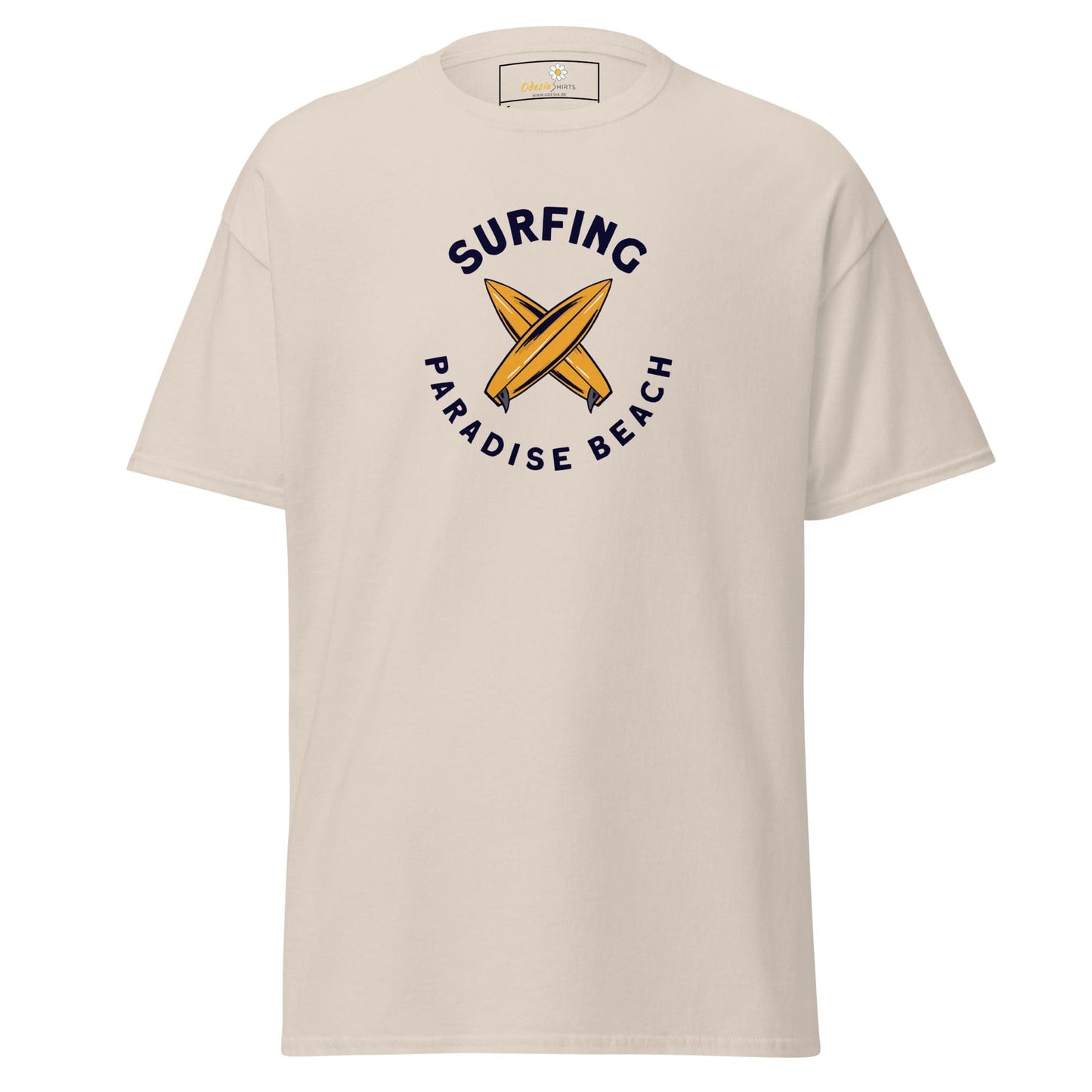 Beige T-shirt with surfing design for Men and Women in sizes S to XL