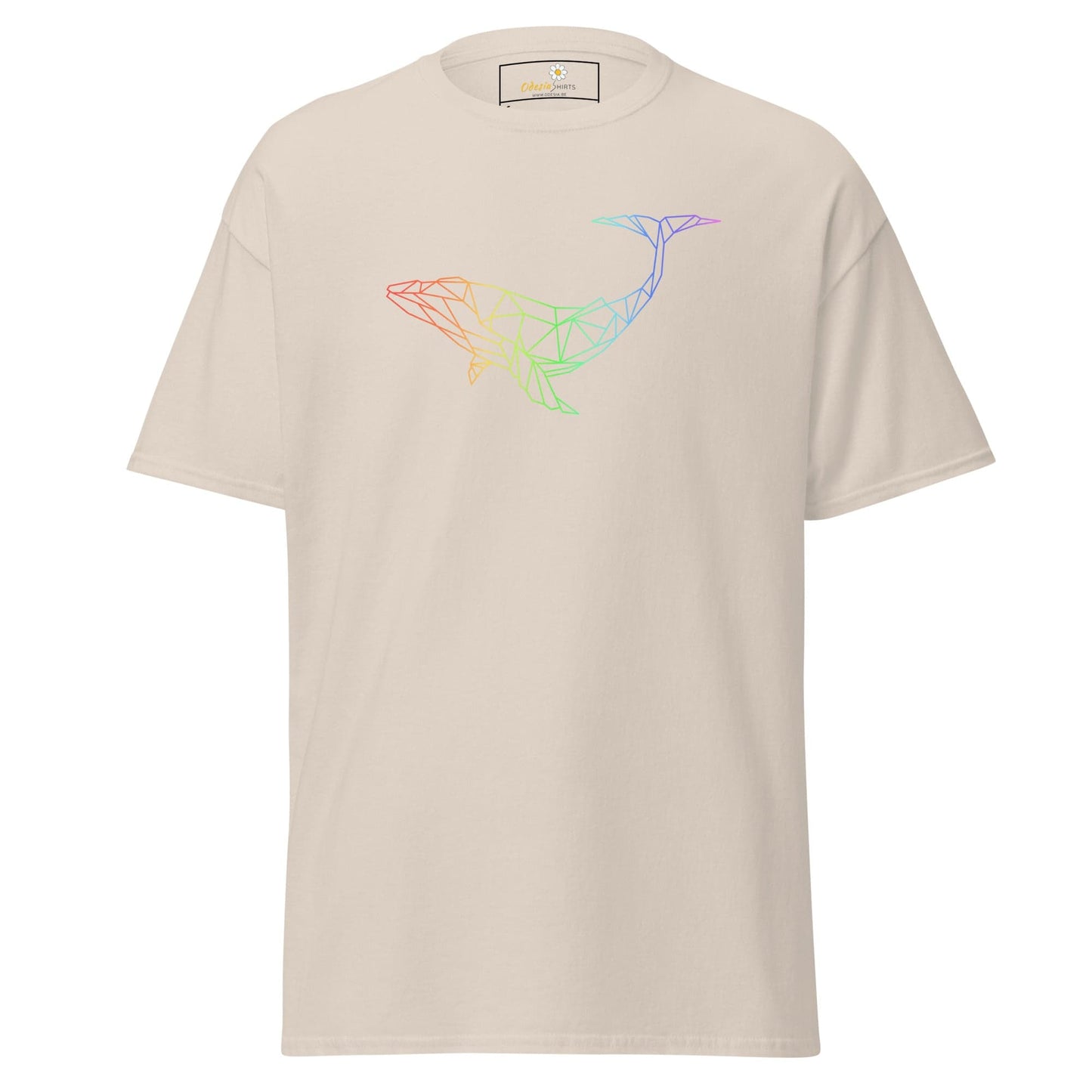 Beige T-shirt with rainbow whale design, suitable for men and women, available in sizes S to XL