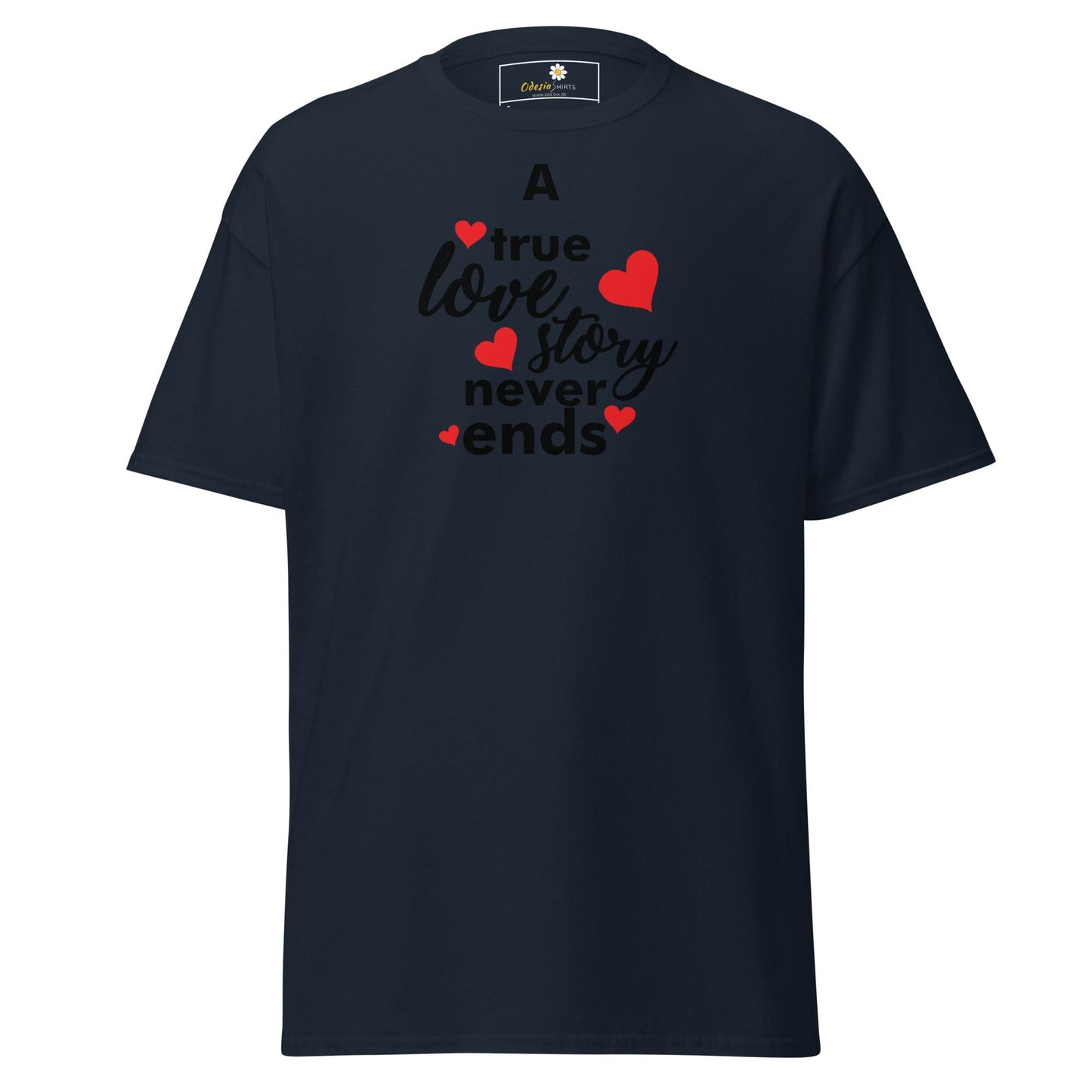 Dark blue T-Shirt with Love Story graphic for Men and Women in S to XL sizes