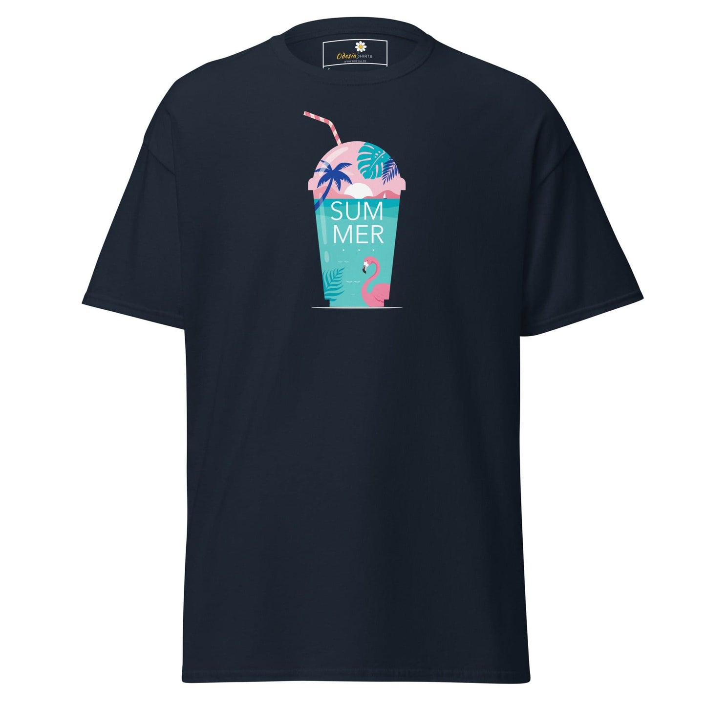 Navy blue T-shirt with summer drink graphic for men and women in size S to XL